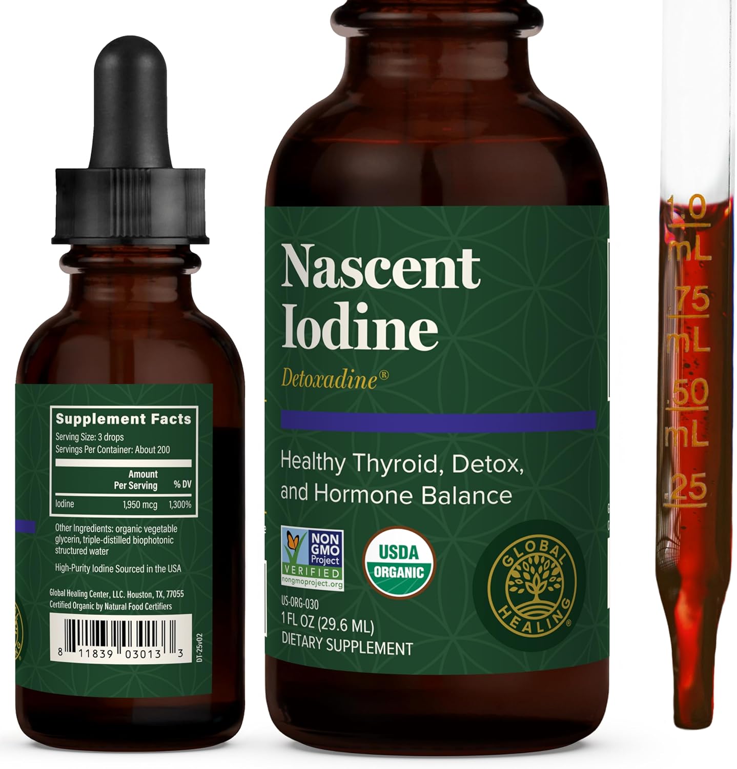 Global Healing Center - Detoxadine - Organic Nascent Liquid Iodine Supplement Drops for Thyroid Support, Detox Cleanse, and Metabolism - Non-GMO