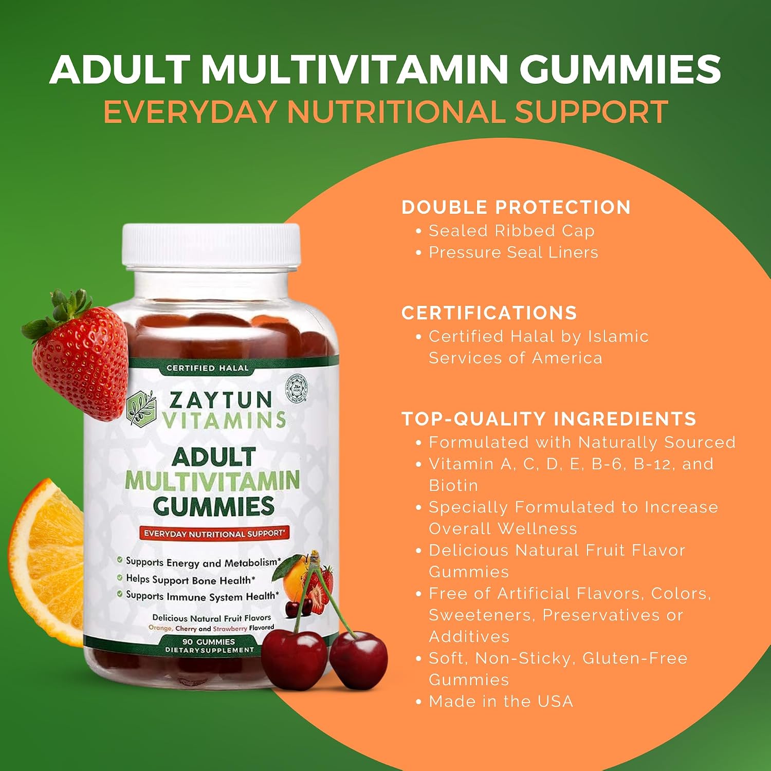 Zaytun Vitamins Halal Adult Multivitamin Gummies for Men, Women, Complete Everyday Nutritional Support with Biotin, Vegan, Natural Fruit Flavors