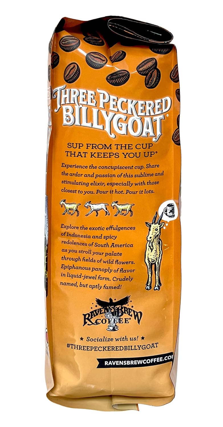 Raven's Brew Coffee Three Peckered Billy Goat, 12 Ounce - Dark Roast - Full Body with a Long Sweet Finish (Organic Ground, 12 oz)