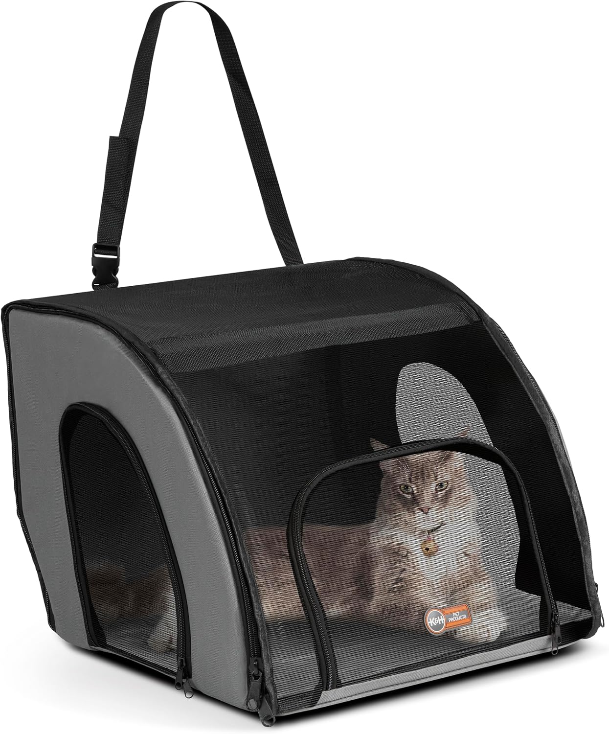 K&H Dog Car Seat, Travel Safety Carrier for Pets, Medium, Gray/Black | Enclosed Car Seat for Dogs, Soft-Sided Covered Pet Carrier, Washable Pad, Multiple Entrances, Mesh Windows, 24x19x17in