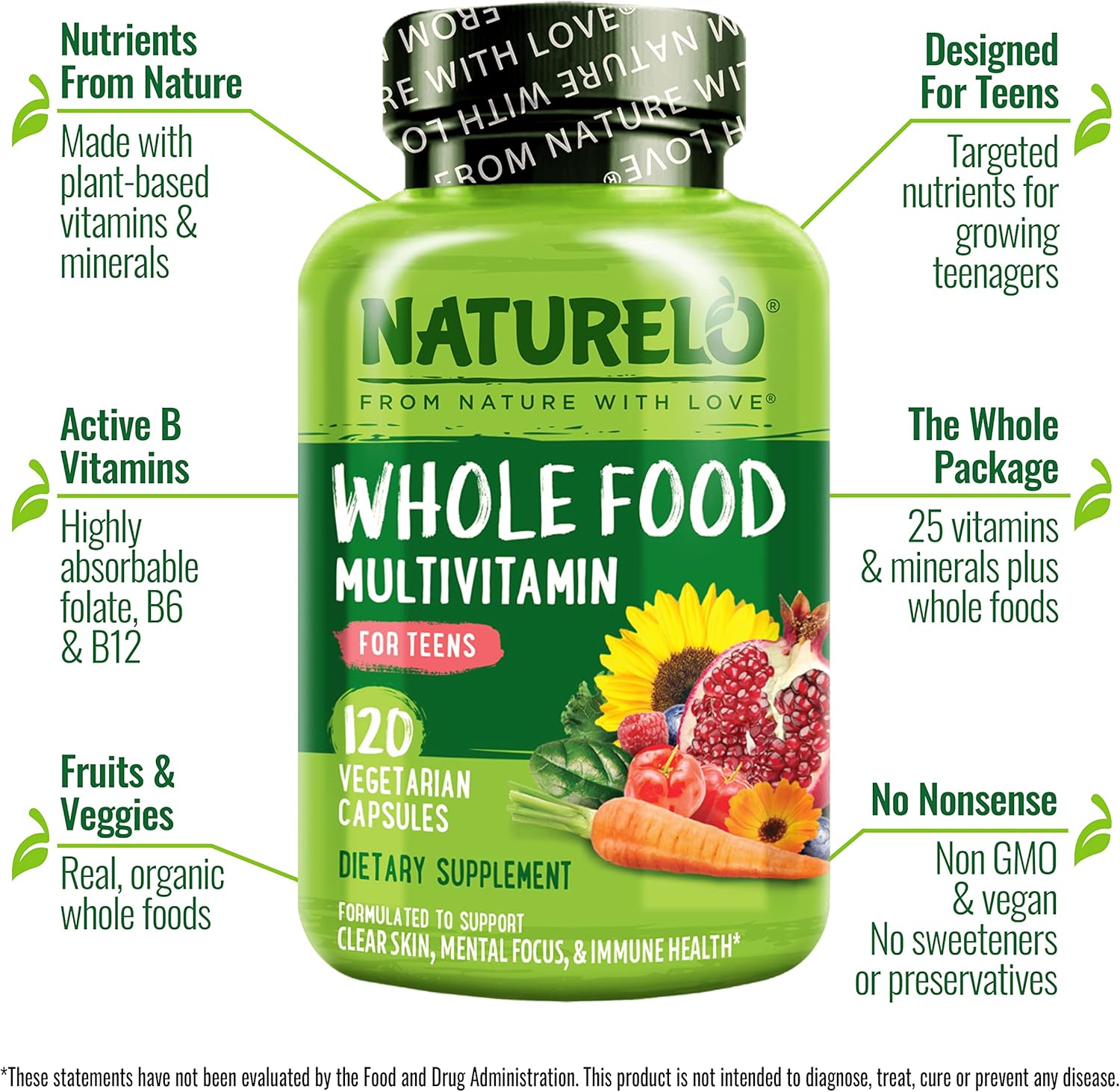 NATURELO Multivitamins for Teenage Girls/Boys, 120 Capsules