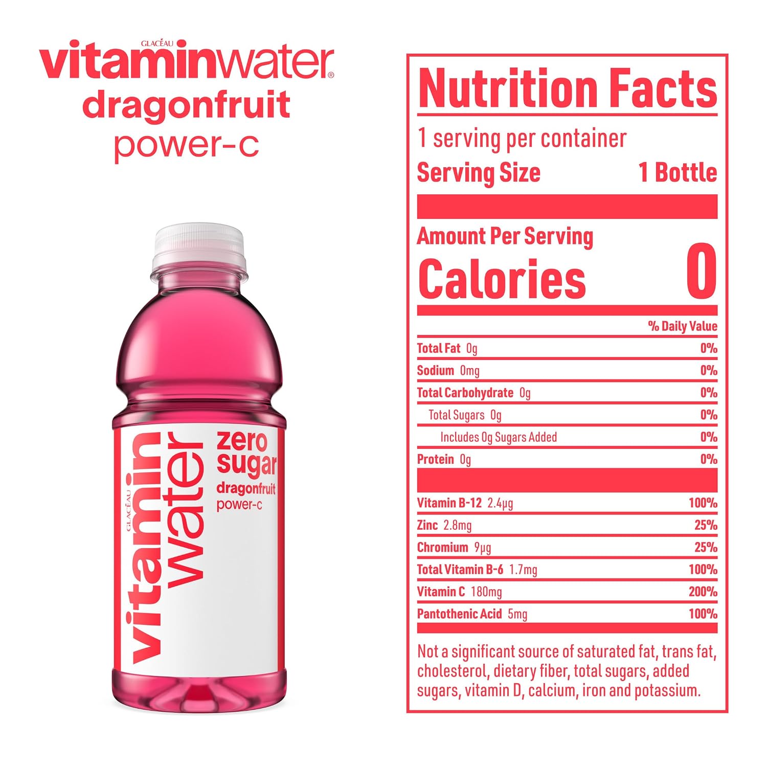 vitaminwater Power-C Dragonfruit Water Beverage, 16.9 fl oz, 6 pack | Bottled, nutrient-enhanced flavored water drink with 90 calories per bottle, antioxidants, and vitamins