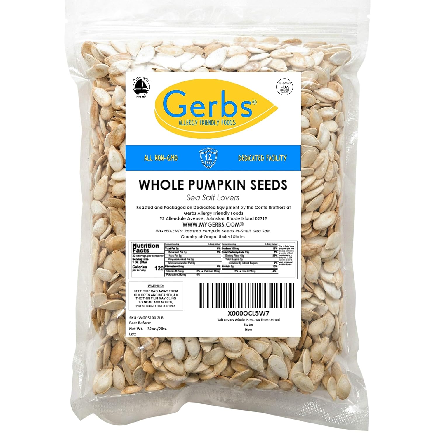 Gerbs Raw Whole Pumpkin Seeds 2 lbs. | In-Shell, 10.5 mm Size, Resealable Bag | Mildly Nutty & Crunchy | Top 14 Allergen-Free