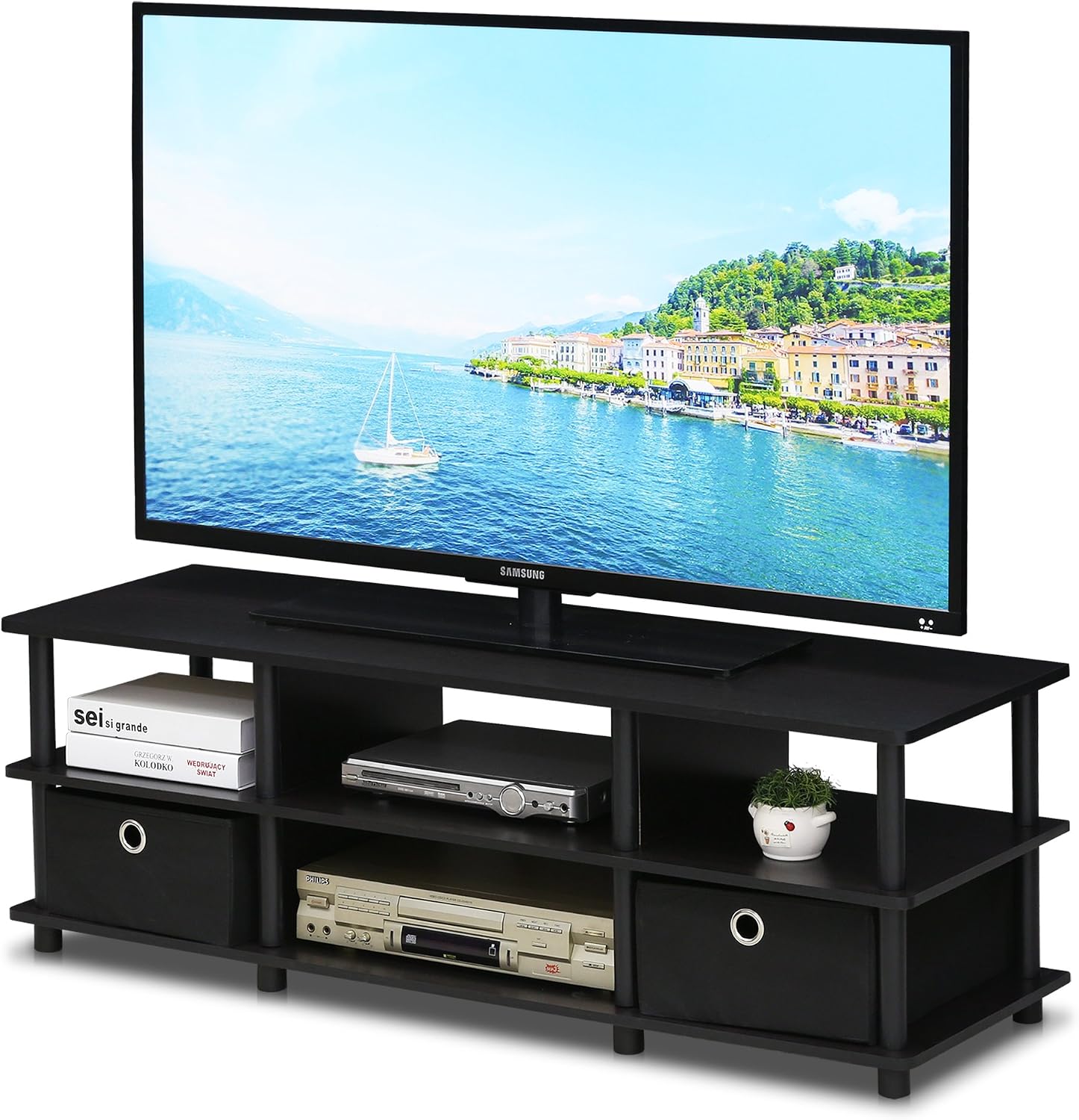 Furinno Nelly TV Stand, 3-Tier Entertainment Center with Open Shelves Storage, TV Console for TV up to 55 Inch, Soft Edges, for Living Room, Bedroom, Black