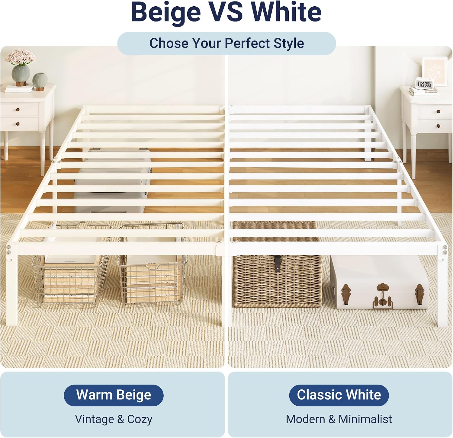 Allewie Full Size Bed Frame, 14 inch Metal Platform Beds with Storage Space, No Box Spring Needed and Easy Assembly, White