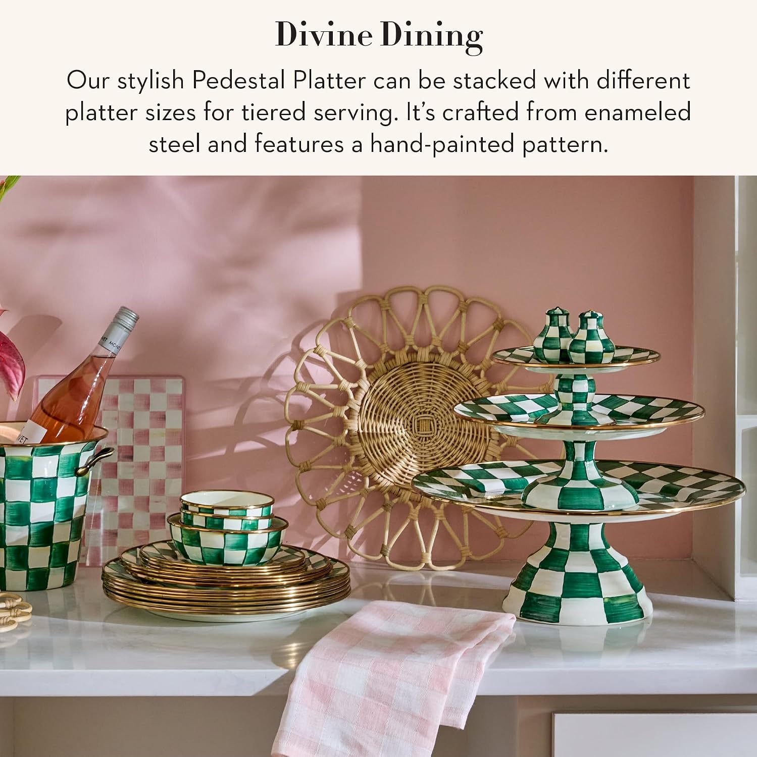 MACKENZIE-CHILDS Pedestal Platter, Mini, Black-and-White Courtly Check | Hand-painted design, made from enameled steel, stackable round cake stand for serving desserts, 8" dia. x 3" H