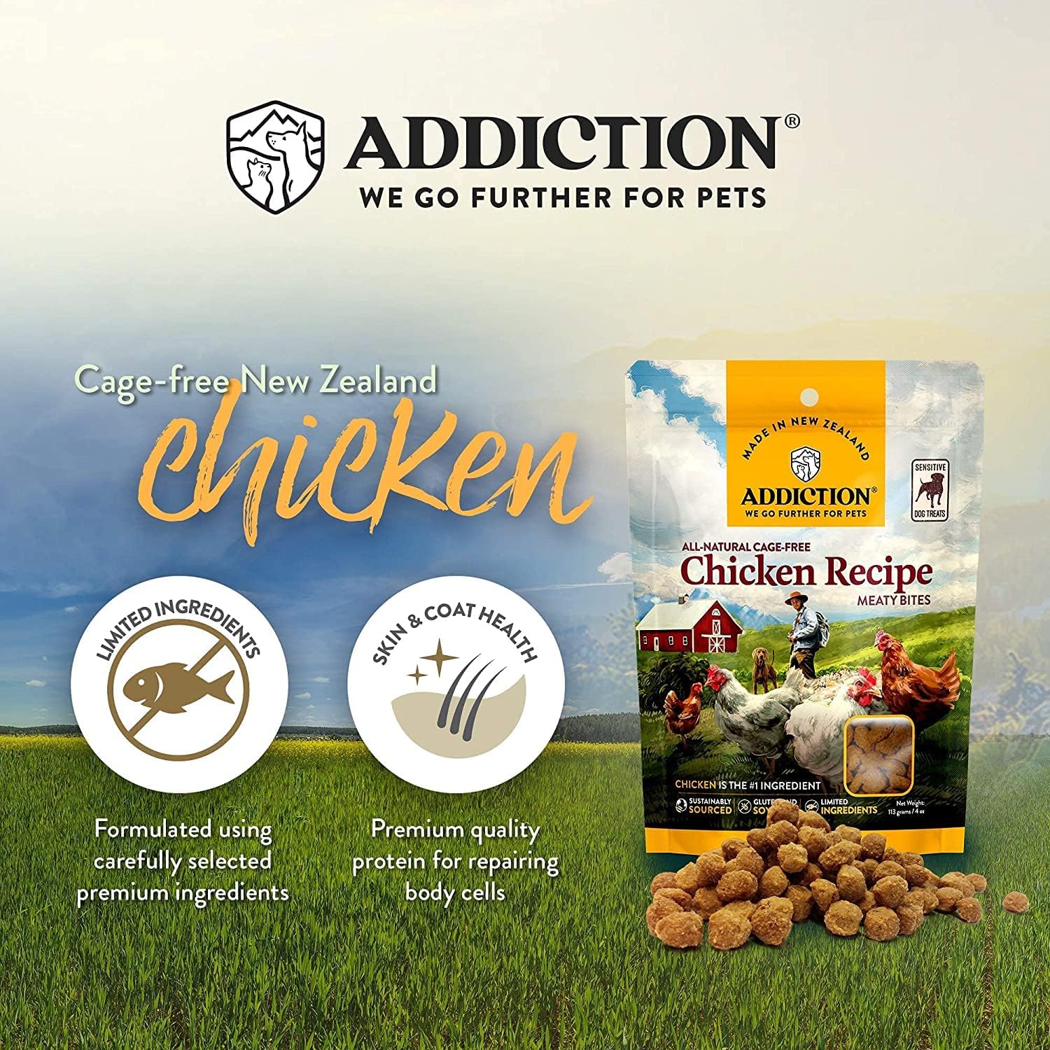 Addiction Venison Recipe Meaty Bites, All Natural Free Range Grain Free High Meat Dog Treats, 4 Oz.