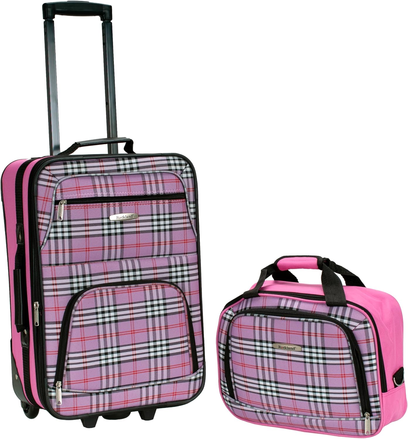 Rockland Fashion Softside Upright Luggage Set,Expandable, Telescopic Handle, Wheel, Black Dot, 2-Piece (14/19)