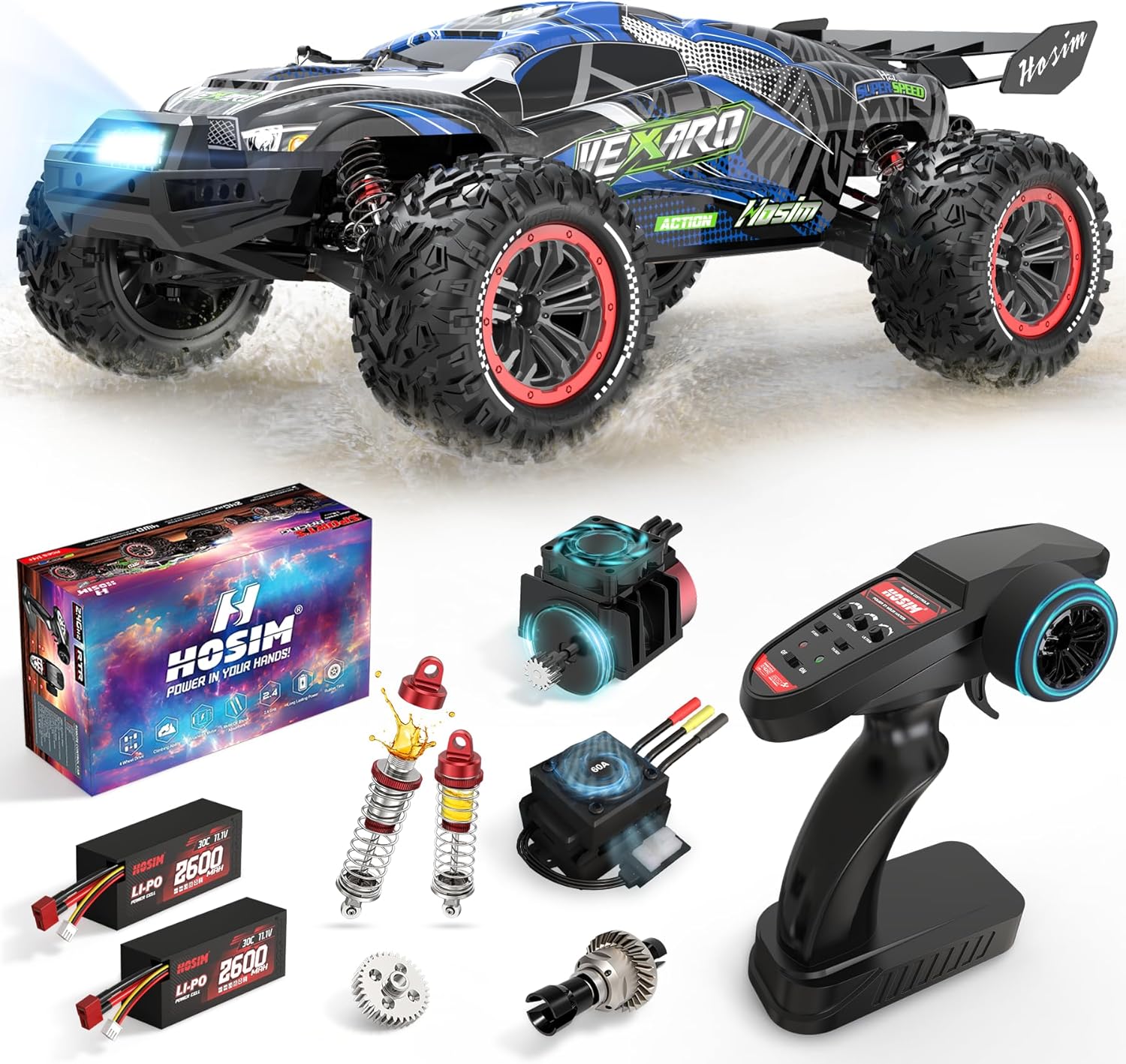 Hosim Mini 1:8 45+ MPH Fast Brushless RC Cars for Adults with 3S Battery | All Terrain Adult RC Trucks, 3650 Brushless Motor (2800KV) 60A ESC