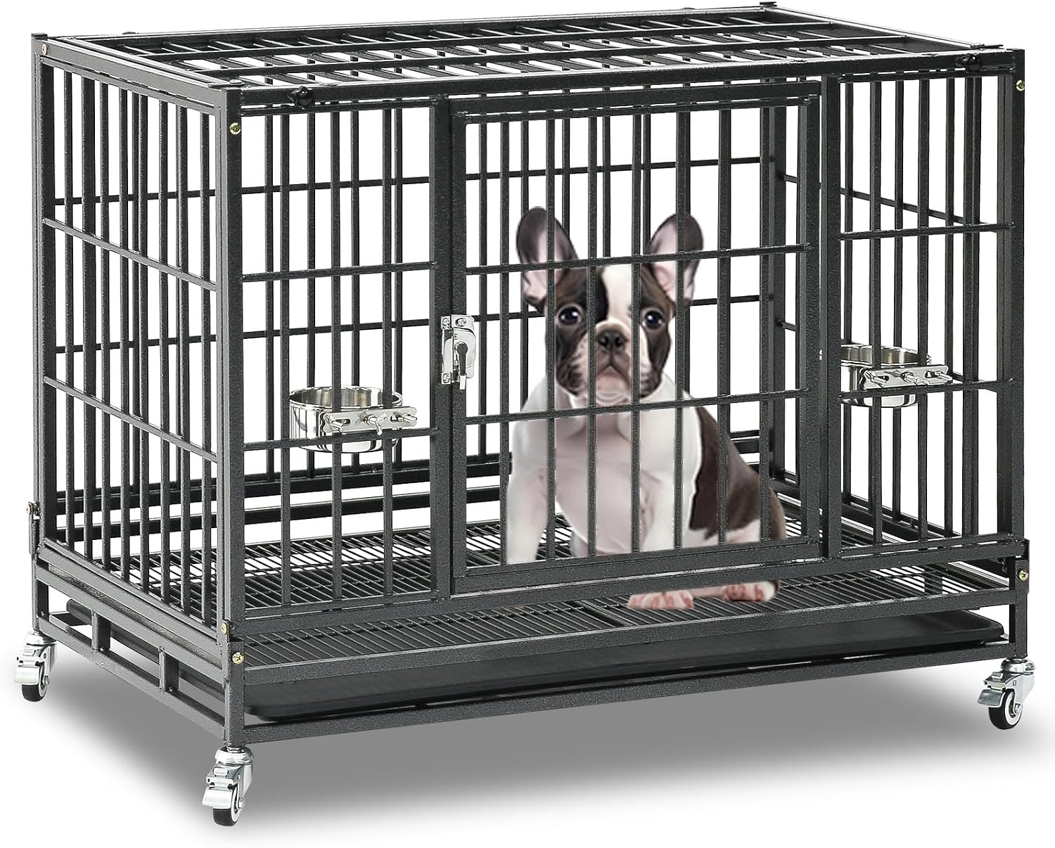 Homey Pet Taller 43" Heavy Duty Double Dog Crates with Divider & Dual Door | Drop Cage for Dogs with Lockable Wheels, Bowls, Removable Tray, Top Access, Ideal for Small to Medium & Large Dogs, Breeders