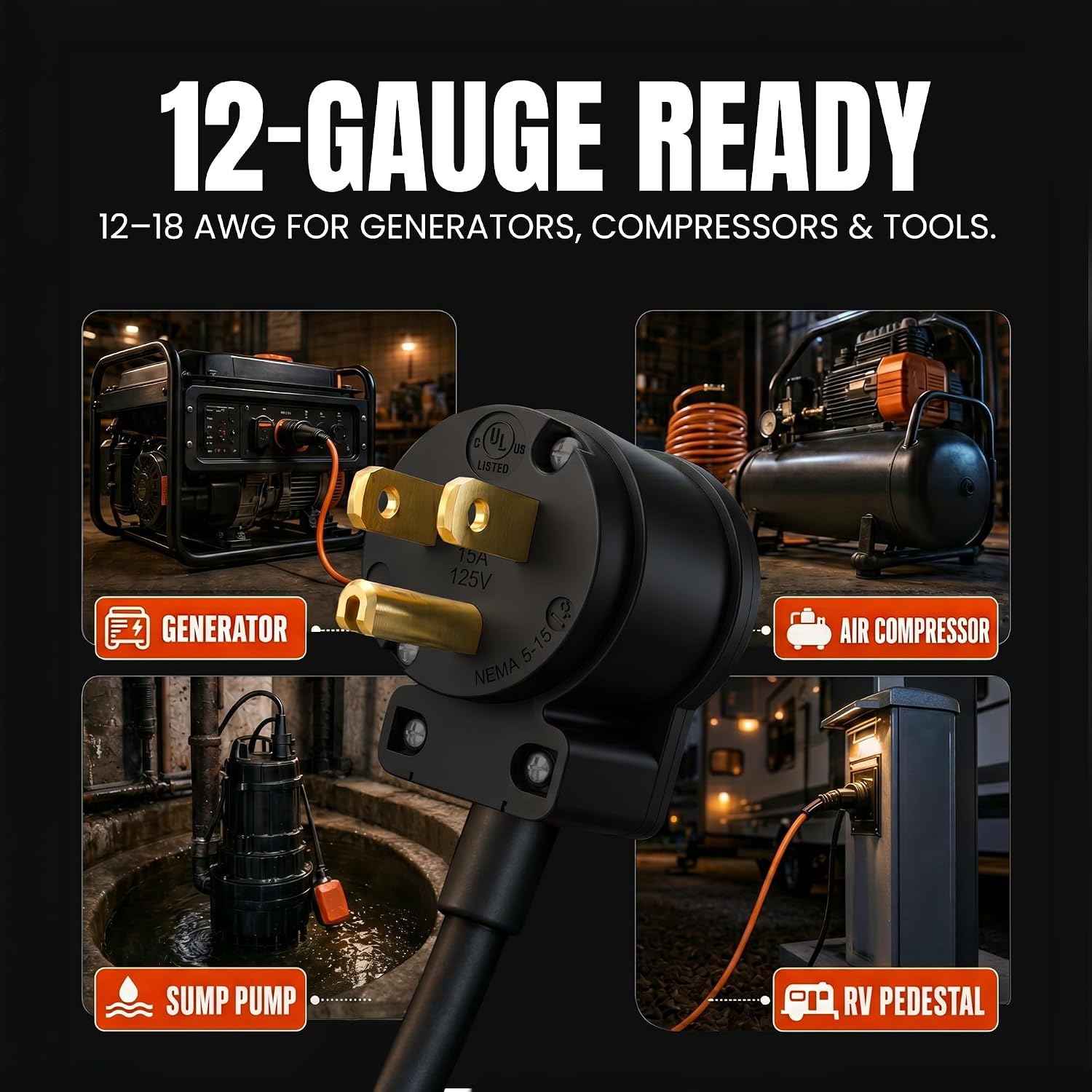 515AN 90 Degree Right Angle Male Plug, 15 Amp 120v 125 Volt NEMA 5-15P, 2Pole 3Wire, Straight Blade Replacement Electrical Plug Extension Cord End - Commercial Grade 15A (Black, 1-PACK)