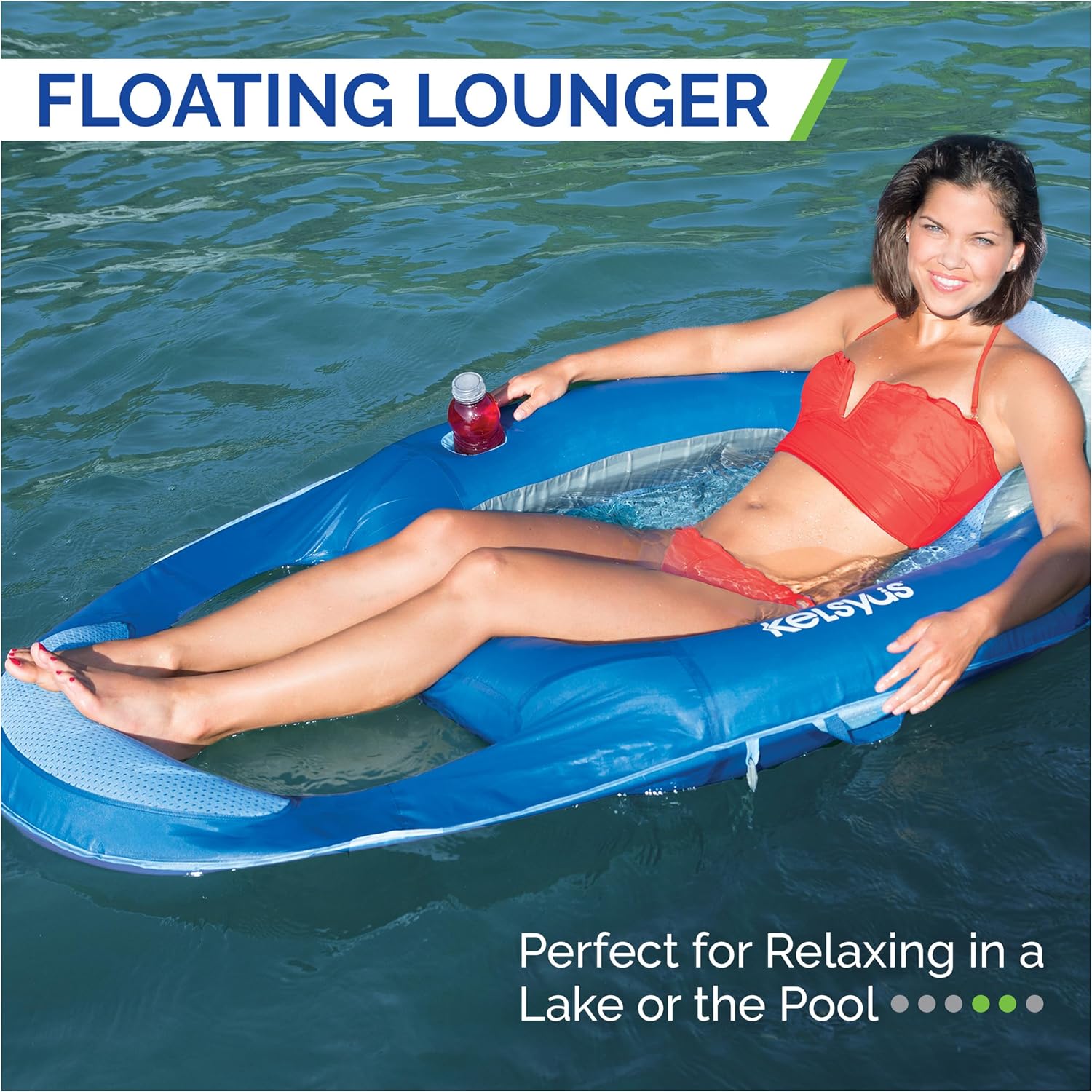 Kelsyus Spring Float Pool Lounger Chair, Light Blue | Fast Inflation for Immediate Use During Travel, Fits Most Adults and Teens