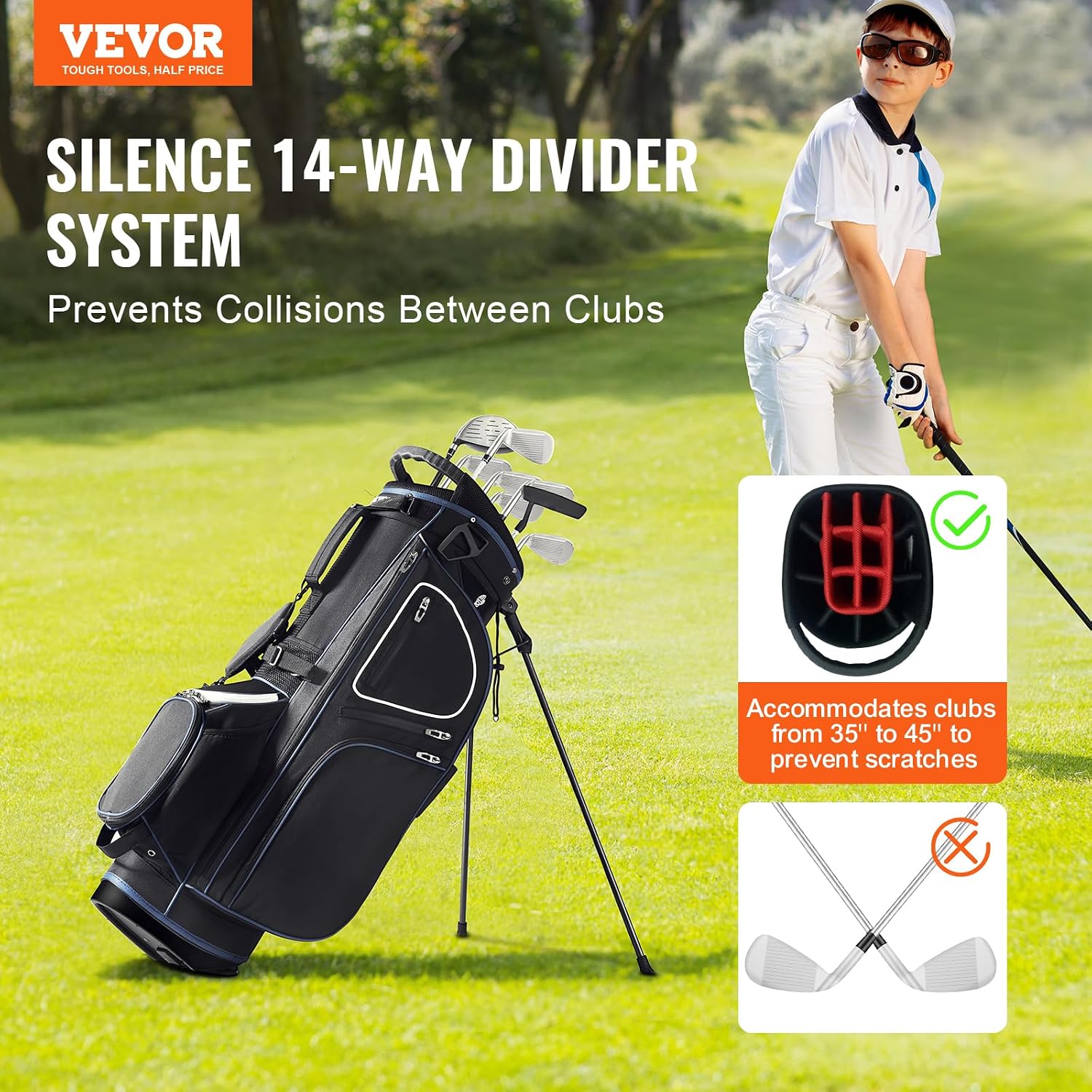 VEVOR Golf Cart Bag with 14 Way Organizer Divider Top, Premium Cart Bag with Stand, Durable Golf Bags with Handles & Dust Cover & Detachable Dual Strap for Men & Women