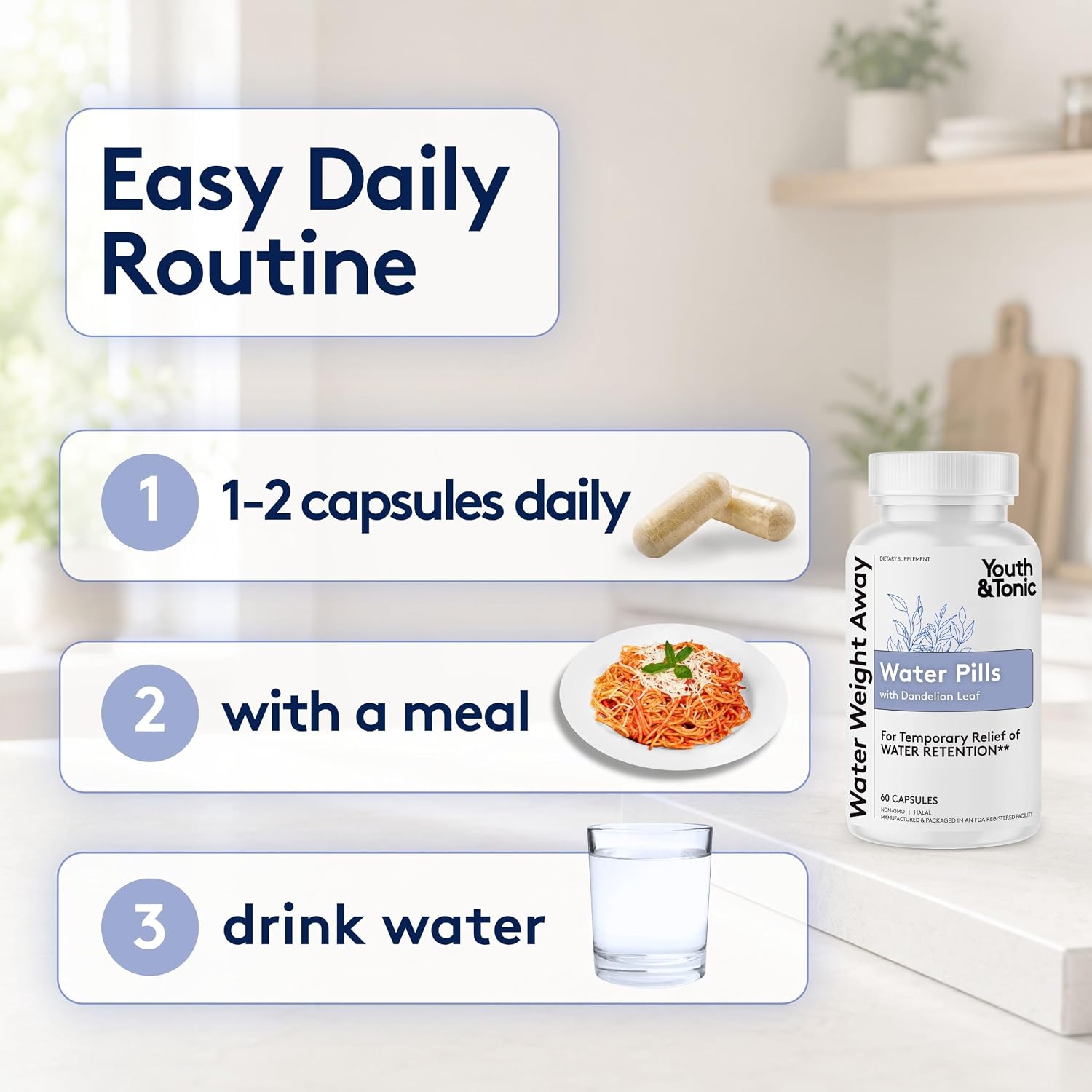Youth & Tonic Natural Water Pills Weight Loss Women, Men, Water Retention