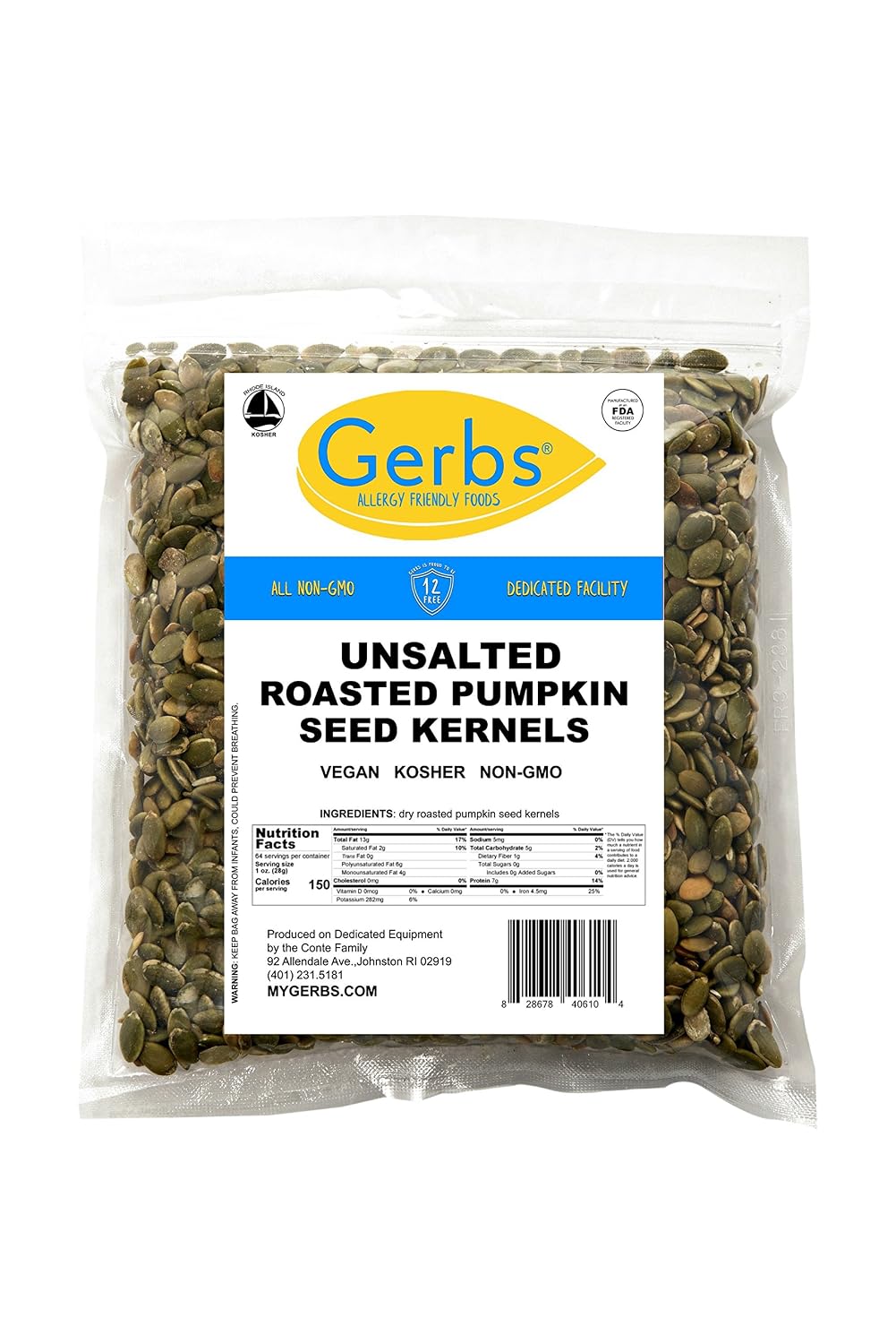 GERBS Unsalted Pumpkin Seed Kernels 4 LBS|Top 14 Allergy Free Food |Use in salads, yogurt, bake, oatmeal, trail mix|Grown in Canada, packed in US | Canadian Grown, No Additives | Naturally Crunchy & Mildly Nutty | Top 14 Allergen-Free