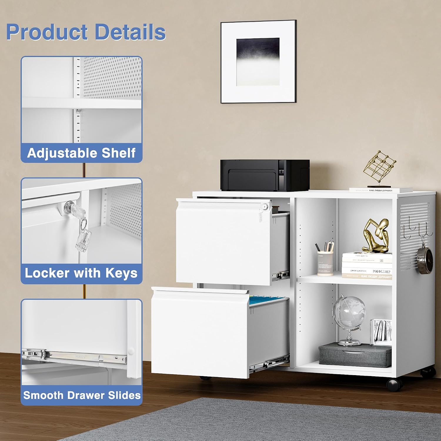 3 Drawer File Cabinet with Lock,Mobile Lateral Filing Cabinet with Side Hook for Letters/Legal/A4, Metal Printer Stand Storage Cabinets with Shelves for Home Office(Black)