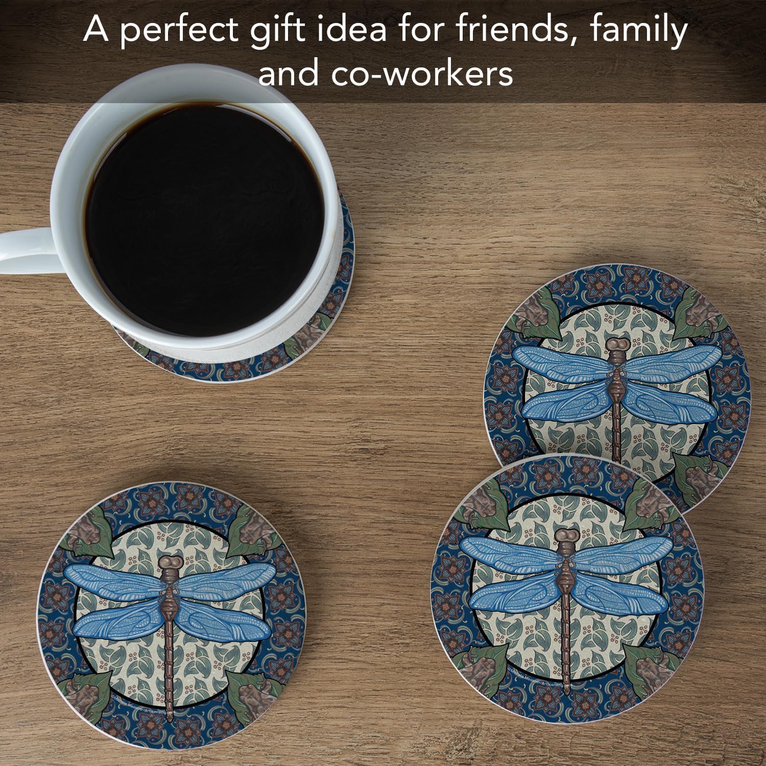Thirstystone Apple Dragonfly 4 Pack Round Natural Sandstone Coasters | Manufactured in the USA, Decorative, Easily Wipes Clean