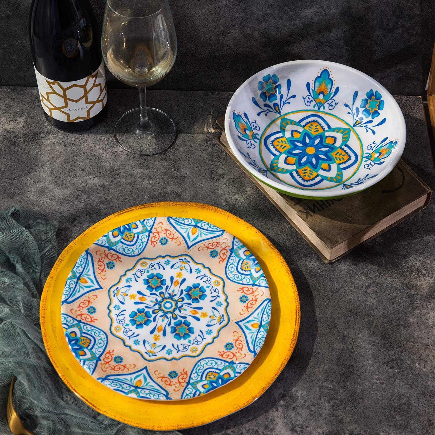 Melamine Dinnerware Set 12 Pcs Durable Dishware Colorful Plate Bowl Set Dishwasher Safe Shatter Proof Chip Resistant Not Microware Not Oven