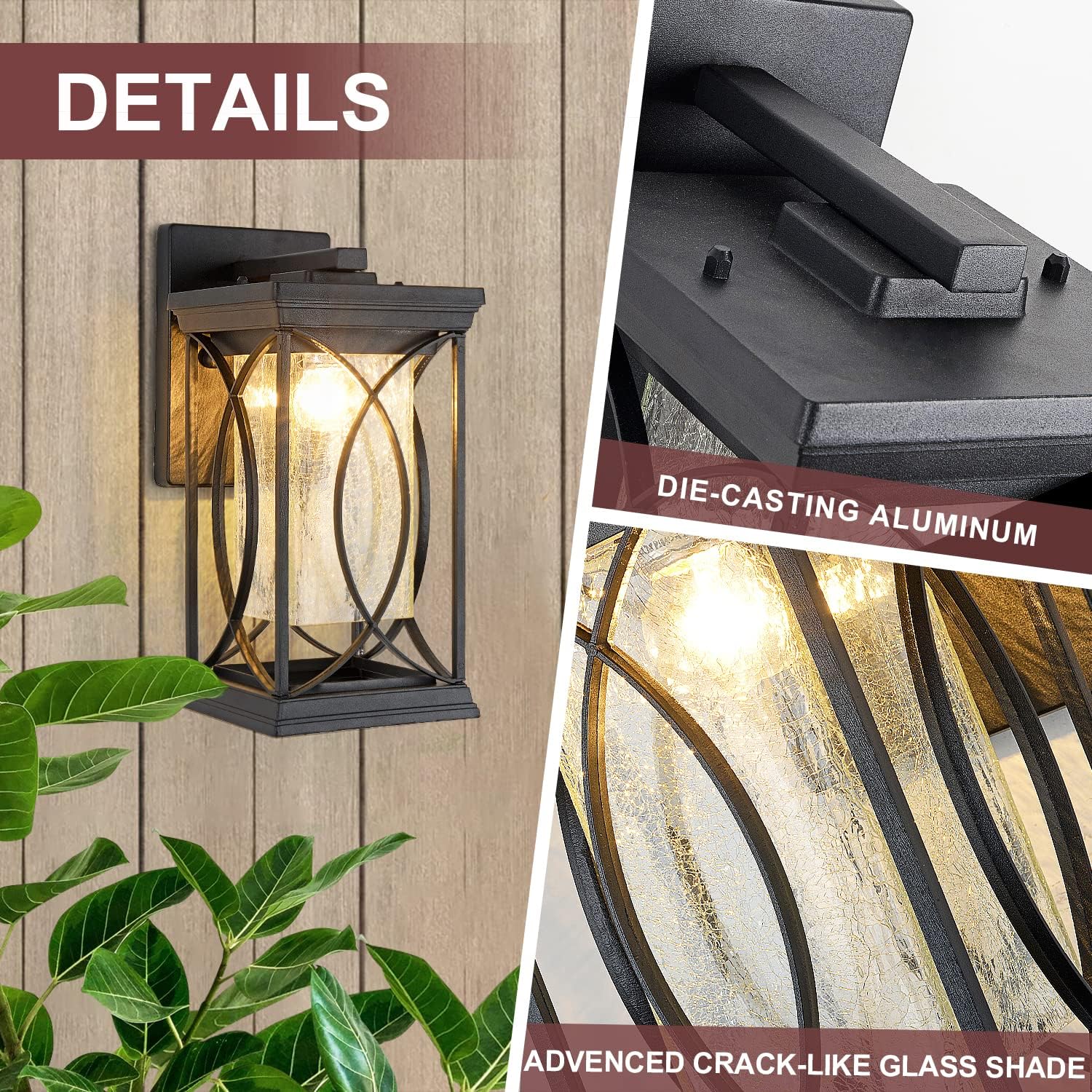 Dusk to Dawn Modern Outdoor Coach Lantern Exterior Light Fixtures Black Aluminum with Crack-Like Glass Waterproof Wall Sconce Mission Outside Light