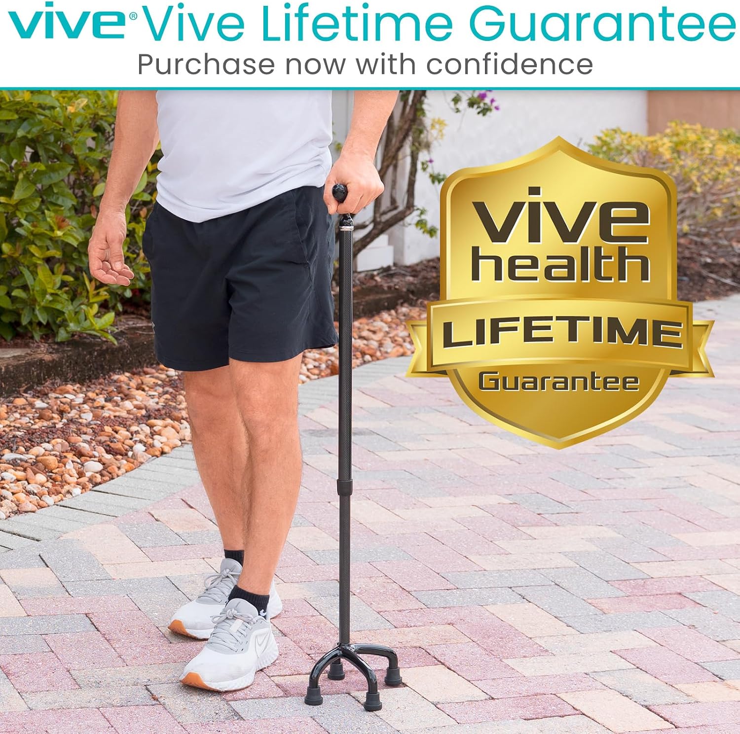Vive Ultra-Lightweight Quad Cane - Carbon Fiber Walking Stick for Men | Women - Adjustable Ergonomic Grip Handle - Nonslip 4 Prong Rubber Tips for