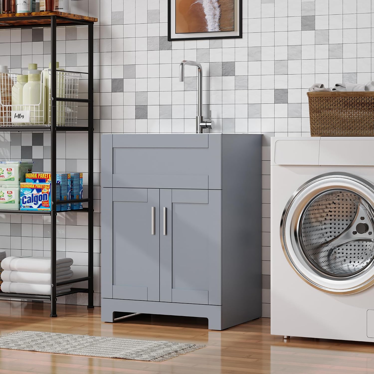 Goodyo Utility Sink with Cabinet 24 Inch Laundry Room Sink Cabinet 304 Stainless Steel Sink Combo White