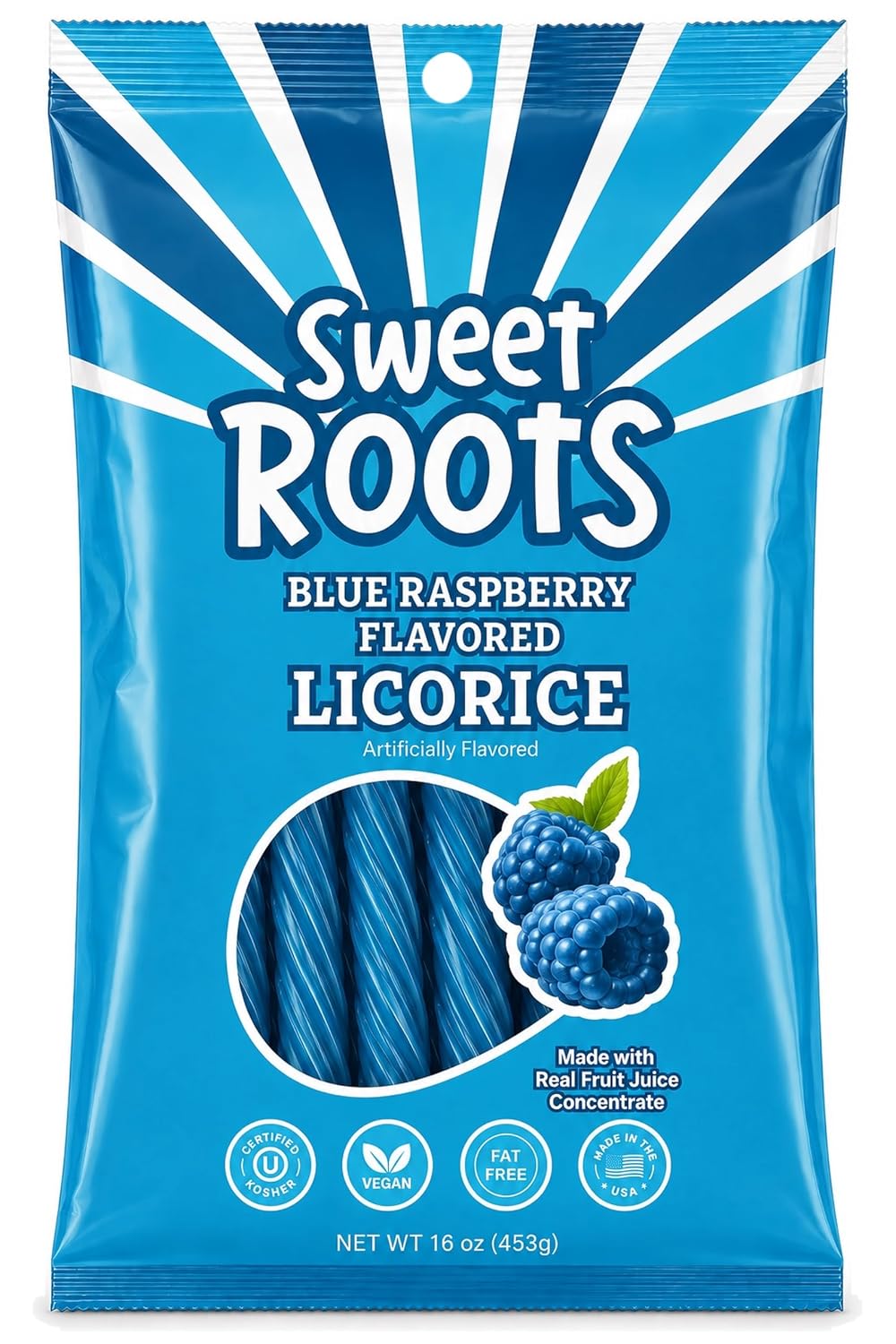 Sweet Roots Black Licorice Twists – 1 Bag (16 oz) – Jumbo Size Candy Sticks | Vegan, Fat Free, Kosher | Soft Gourmet Licorice Candy with Classic Black Licorice Flavor