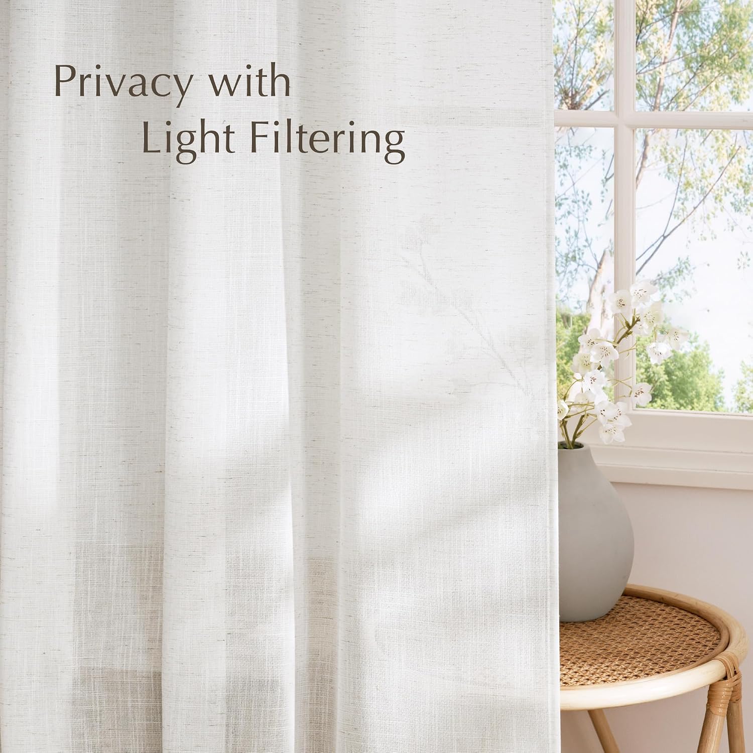 NICETOWN Linen Curtains White Semi Sheer 72 inch Long for Windows, Privacy with Light Filtering Grommet Top Window Treatments for Bedroom/Living Room