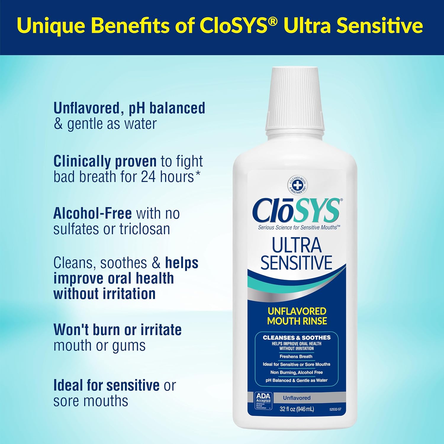 CloSYS Ultra Sensitive Mouthwash, 32 Oz, Alcohol Free Mouthwash, Unflavored Mouth Wash, Dye Free, pH Balanced, Helps Soothe Entire Mouth | Unflavored Mouth Wash, Dye Free, pH Balanced, Helps Soothe Entire Mouth