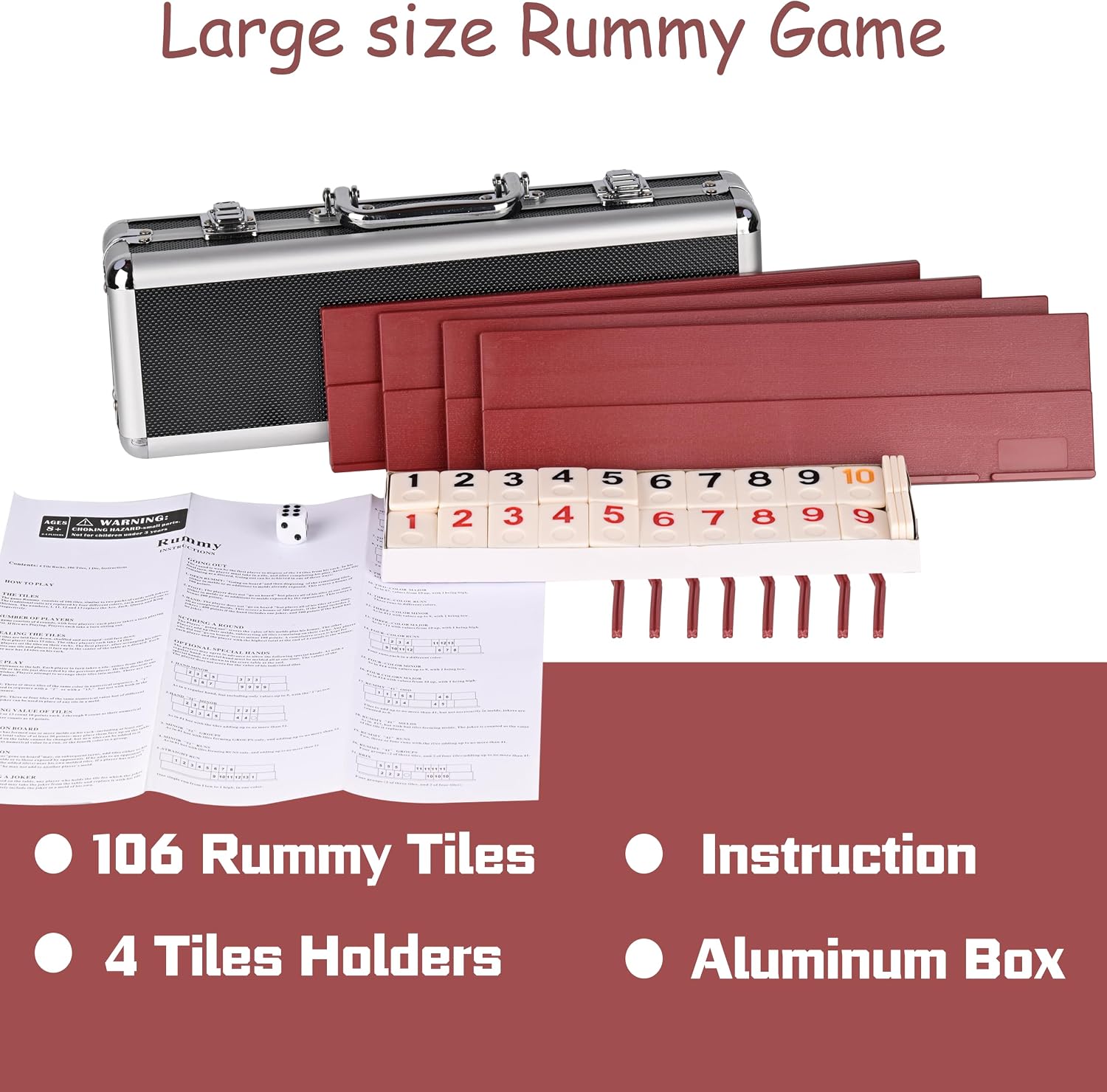 Doublefan Rummy Cube 4 Player Edition, 106 Rummy Cube Game Set with with 4 Plastic Racks in Portable Aluminum Case