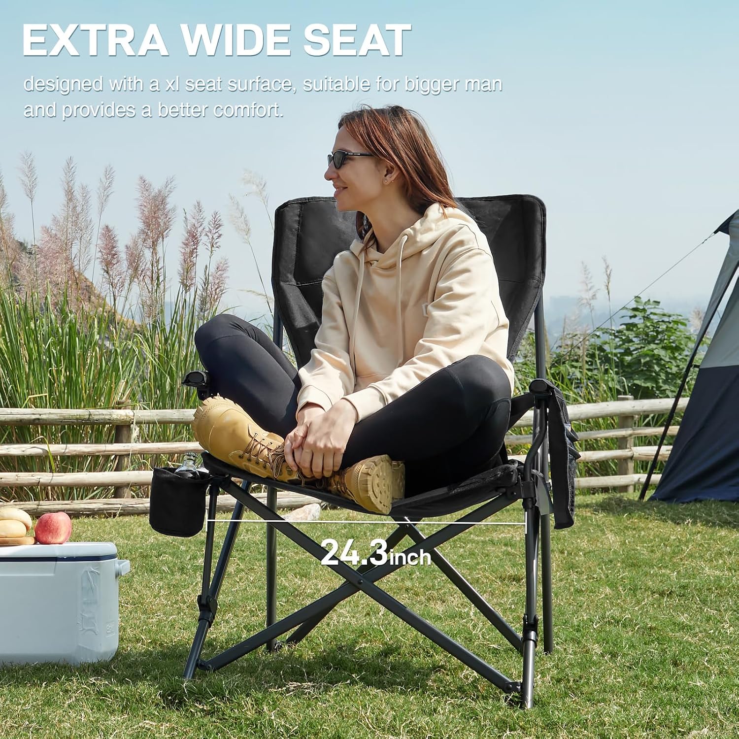 EVER ADVANCED Oversized Folding Camping Chair for Adults with Adjustable Lumbar Support, Heavy Duty Chair with Side Pockets, Portable Collapsible Quad Chair for Outside