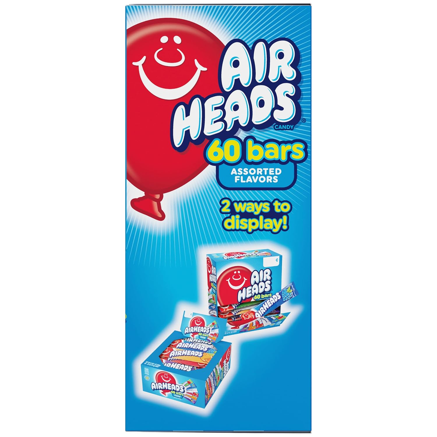 Airheads Full-Size Candy Bars, Assorted Taffy Variety Pack, 60 Count Box | Individually Wrapped Bulk Candy, Six Assorted Fruit Flavors, Artificially Flavored