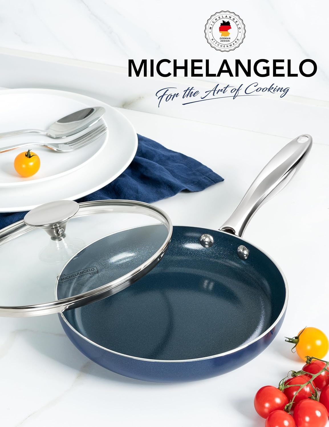 MICHELANGELO 10 Inch Frying Pan with Lid, Blue Frying Pan with Nonstick Diamond Infused Coating, Nonstick Frying Pans, Diamond Fry Pan Blue