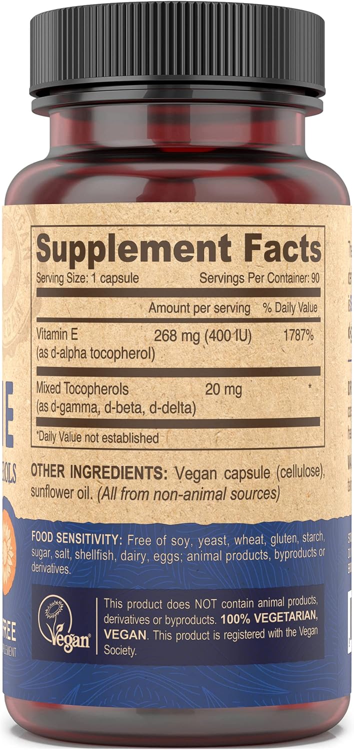 DEVA Vegan Vitamins Natural Vitamin E 400IU with Mixed Tocopherols, Supports Immune System & Skin Nutrition, Natural Antioxidant & Gluten Free, Dairy Free, Non-GMO, 90 Capsules