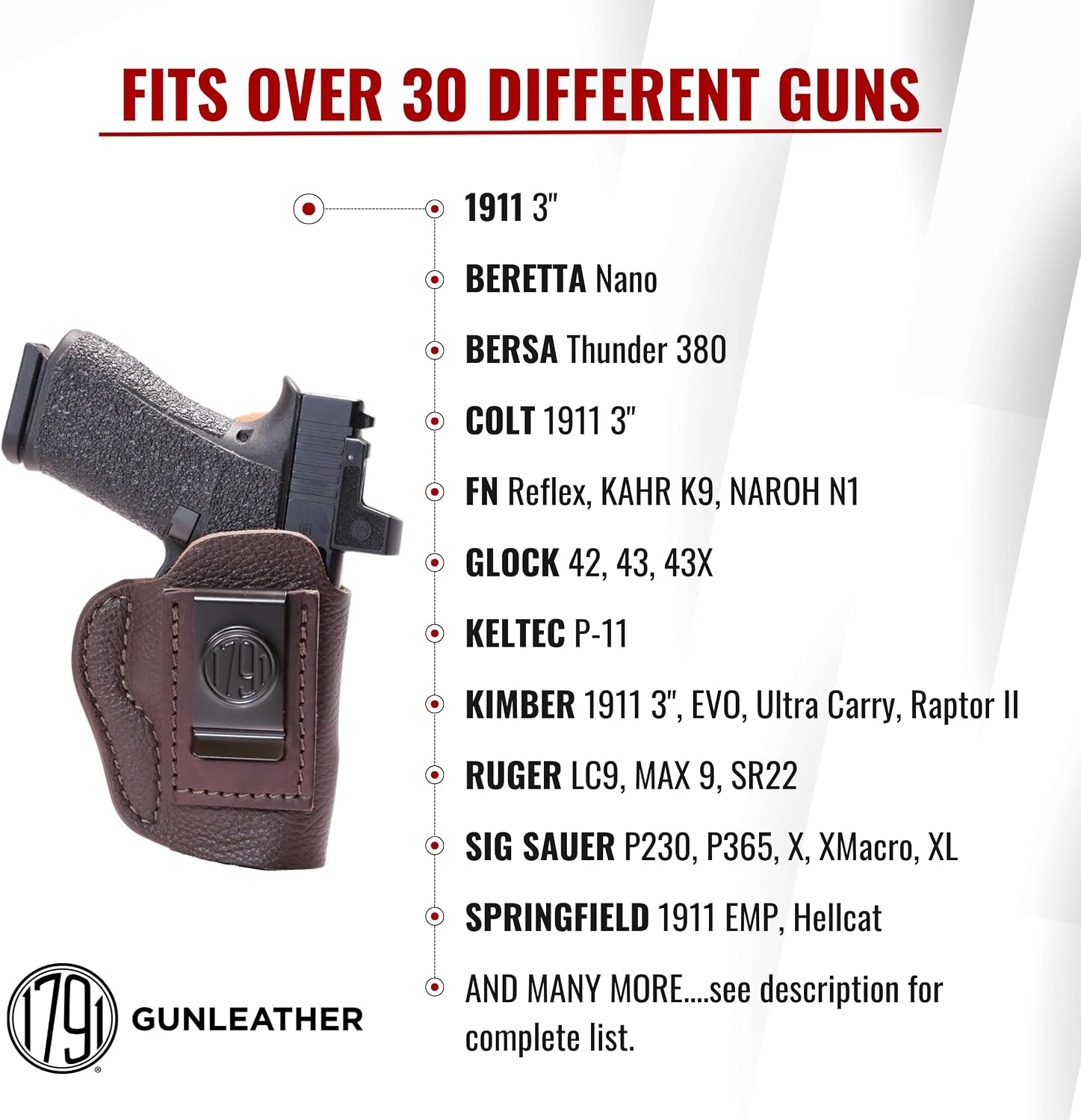 1791 Gunleather IWB Holster Fits FN Reflex, Sig P365, P365XL, Glock 43X, 43 | Soft leather gun holster also fits Glock 42, Hellcat, Ruger Max 9, LC9, SR22, Bersa Thunder 380, Walther PPK