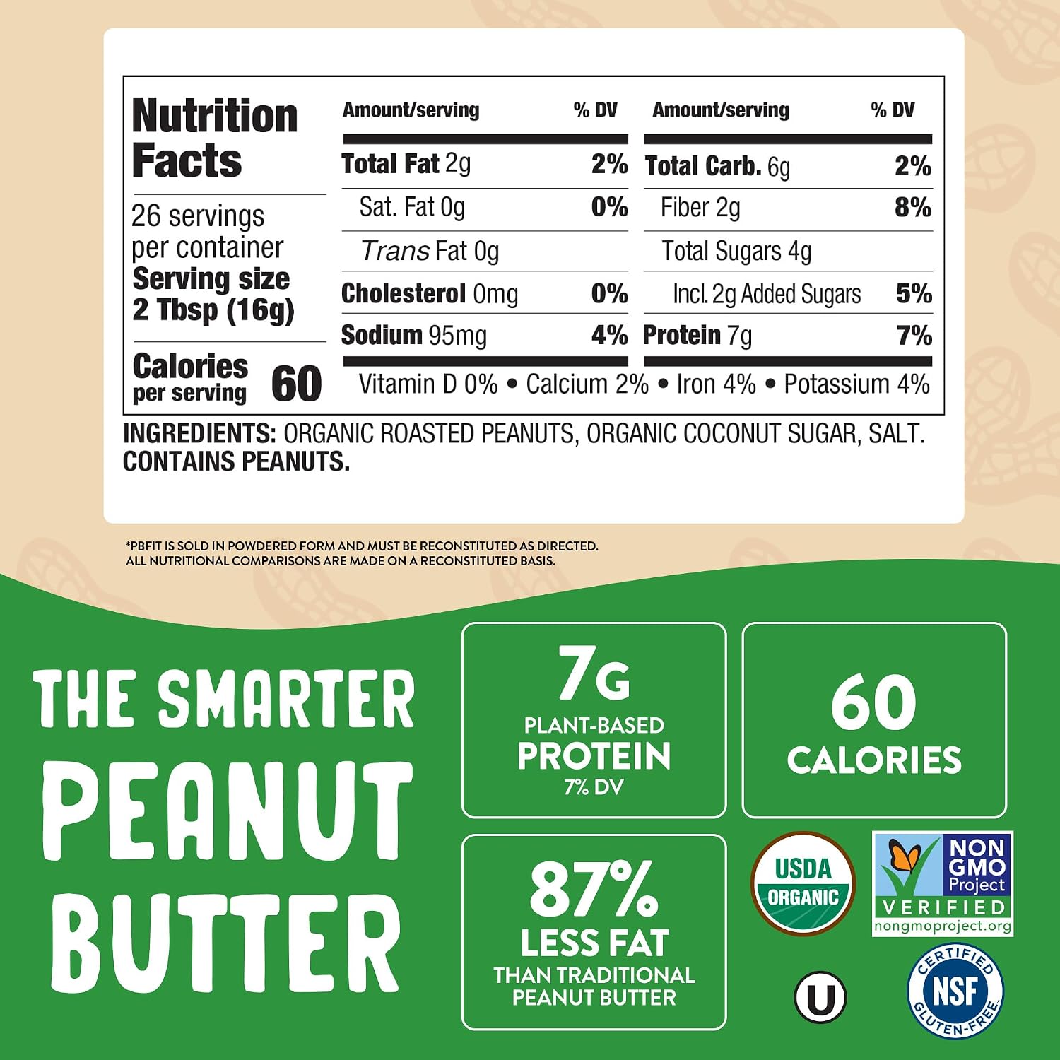 PBfit 30 Ounce Organic Peanut Butter Powder, Powdered Peanut Spread from Real Roasted Pressed Peanuts, 7g of Protein 7% DV, Gluten-Free, 60 calories, 87% less fat (Pack of 1)