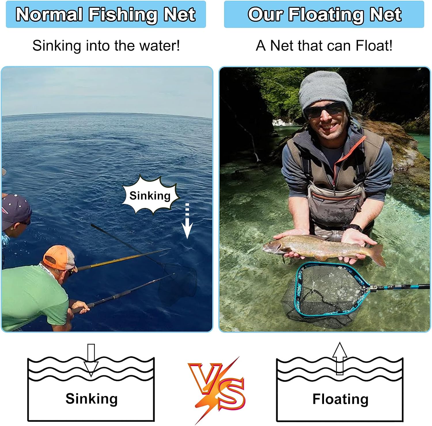 PLUSINNO Floating Fishing Net for Steelhead, Salmon, Fly, Kayak, Catfish, Bass, Trout Fishing
