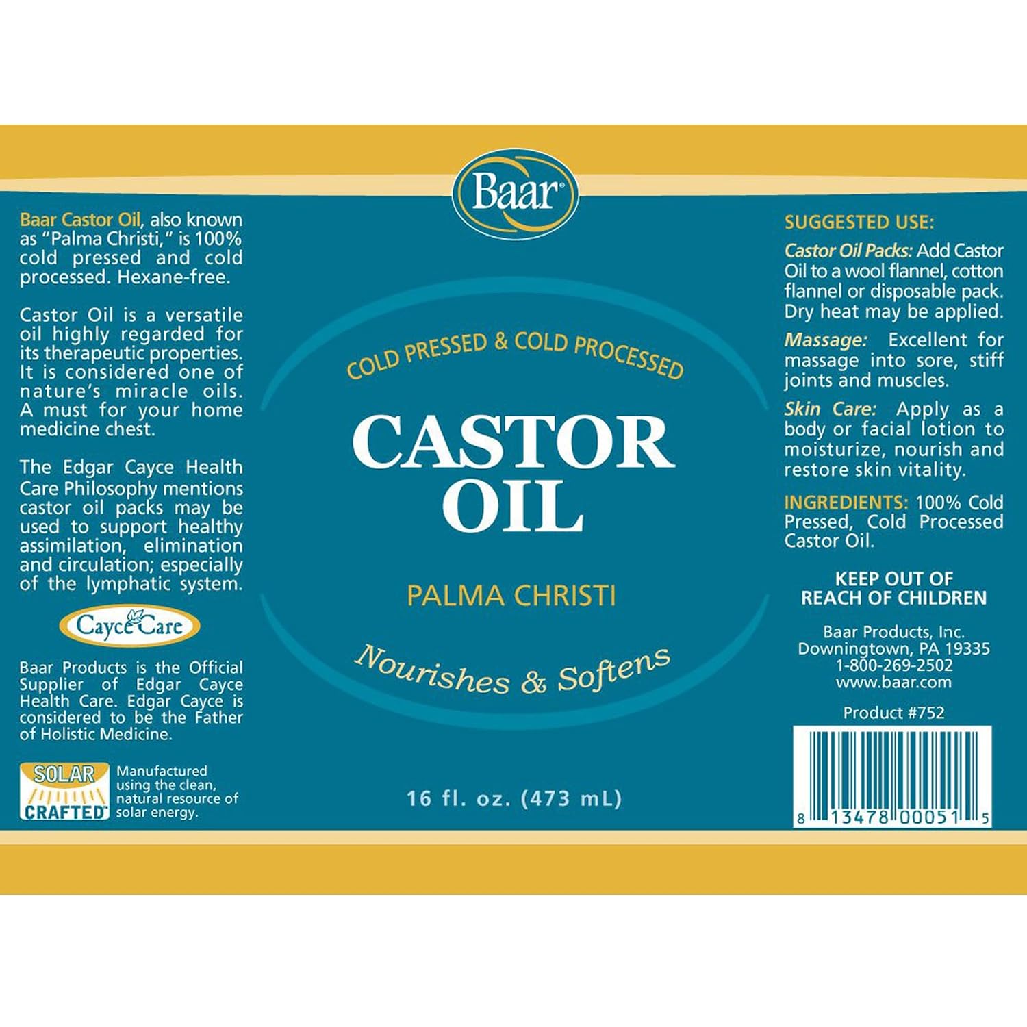 Baar Cold-Pressed Castor Oil, Cold-Processed, Hexane-Free, Palma Christi, for Skin, Hair, Massage & Castor Oil Packs, BPA-Free Bottle, 32 oz | Hexane free, Palma Christi oil, BPA-free bottle, skin, hair and massage applications