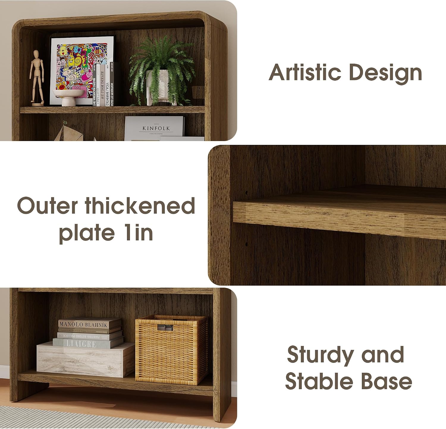 Bevfint 44" Bookcase Tall 3 Shelves Wood Bookshelf with Curved Soft Edges, Heavy Duty Storage Cabinet for Professional Home Office and Living Room, Modern Natural Oak Grain Finish