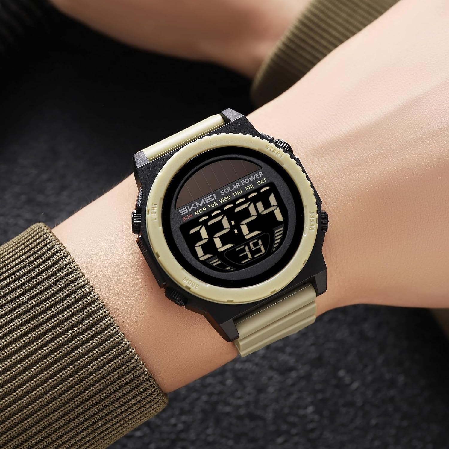MASTOP Solar Powered Energy Watch for Men Military Digital Multifunctional Led Luminous Indication 2 Time Zone 50m Waterproof Watch Reloj Solar para Hombre