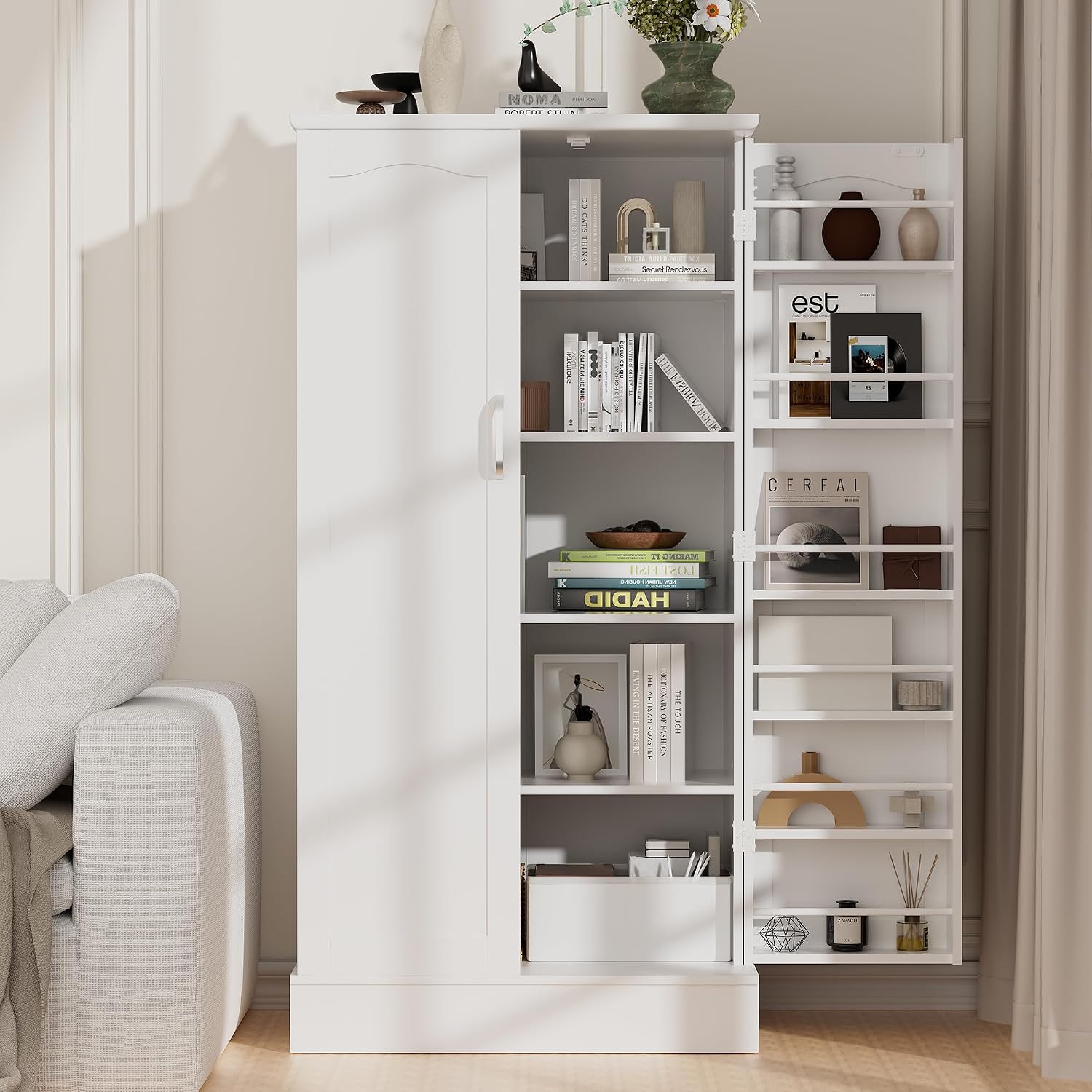 kepptory 47” Pantry Cabinet, Kitchen Pantry Storage Cabinet with Doors and Adjustable Shelves,Freestanding Buffet Cupboards Sideboard for Living Room and Dinning Room (White)