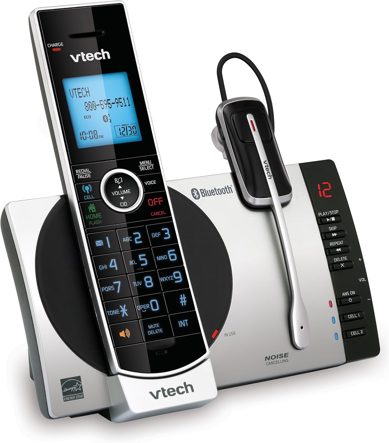 VTech DS6771-3 Connect to Cell, Cordless Phone with Answering Machine, DECT 6.0 Headset+2 Handset Intercom, Bluetooth, Caller ID/Call Waiting, Expandable System - Silver/Black
