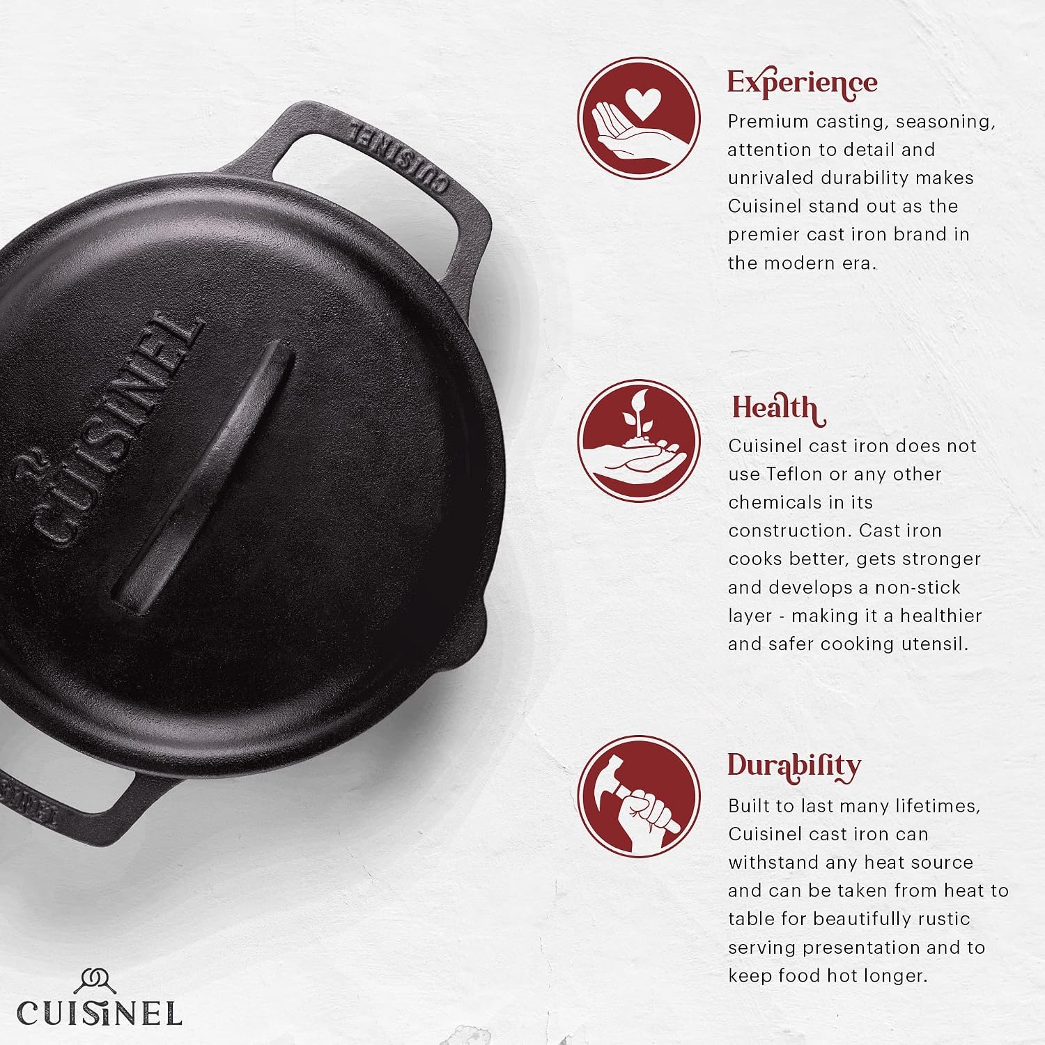 Cuisinel Cast Iron Skillet with Lid - 10"-Inch Pre-Seasoned Frying Pan + Glass Cover + Heat-Resistant Handle Holder - Indoor/Outdoor Use - Grill, Stove, Camp Firepit, Induction - Oven Safe Cookware