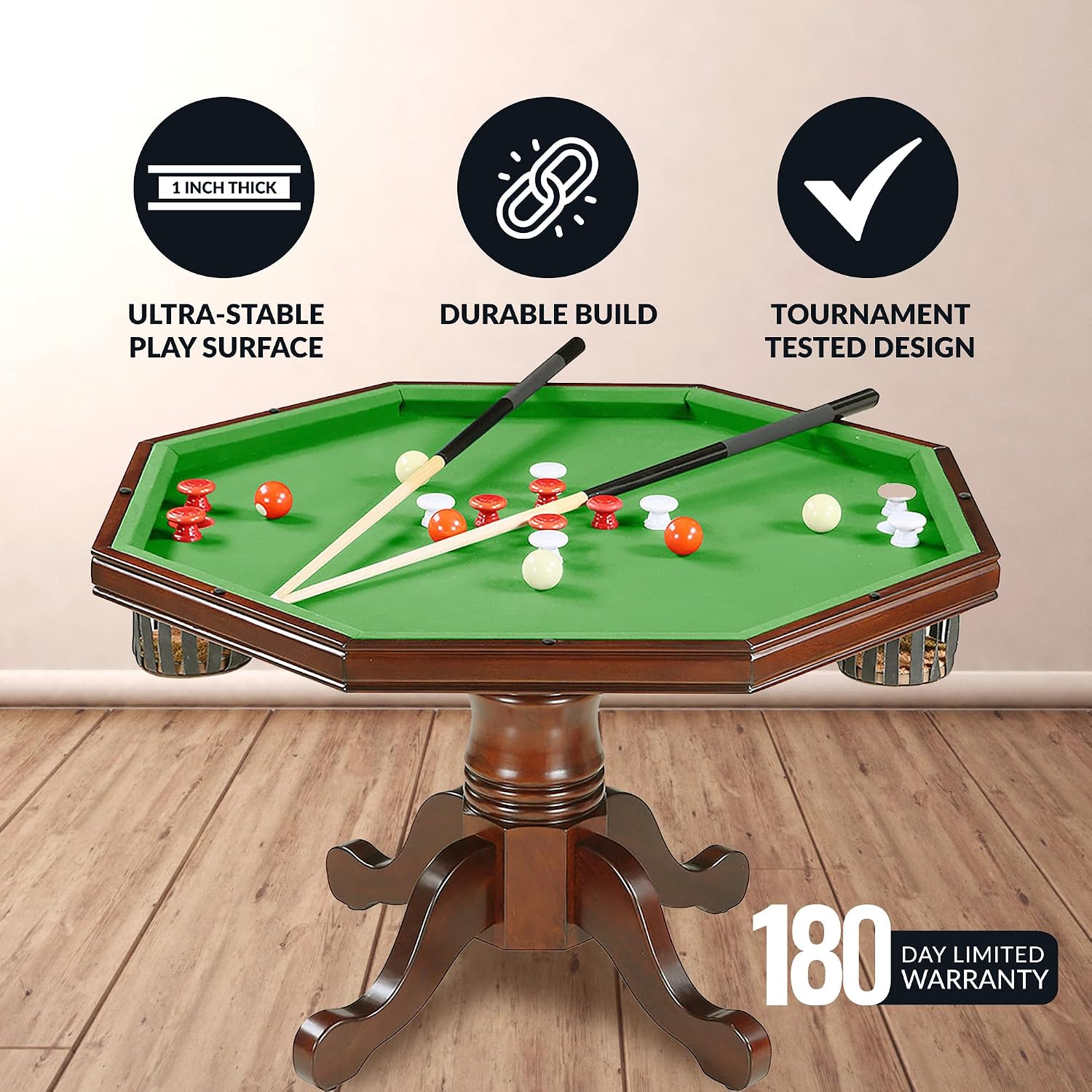 Hathaway Kingston 3 in 1 Octagon Poker Table, Dining & Bumper Pool Table for Game Rooms - Durable Hardwood, Sturdy Legs