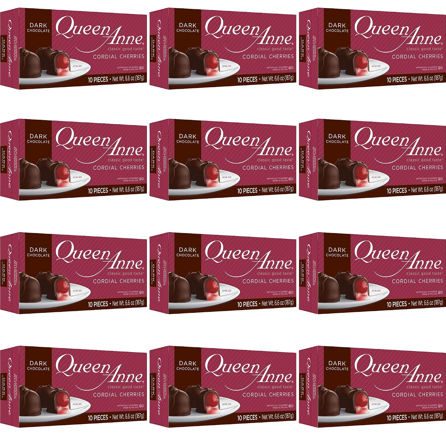 Queen Anne French Vanilla Chocolate Covered Cordial Cherries | 6.6 oz | 10 Piece Gift Boxes | Whole Maraschino Cherry Creamy Filled Liquid Center | Holiday Party Chocolate Candy