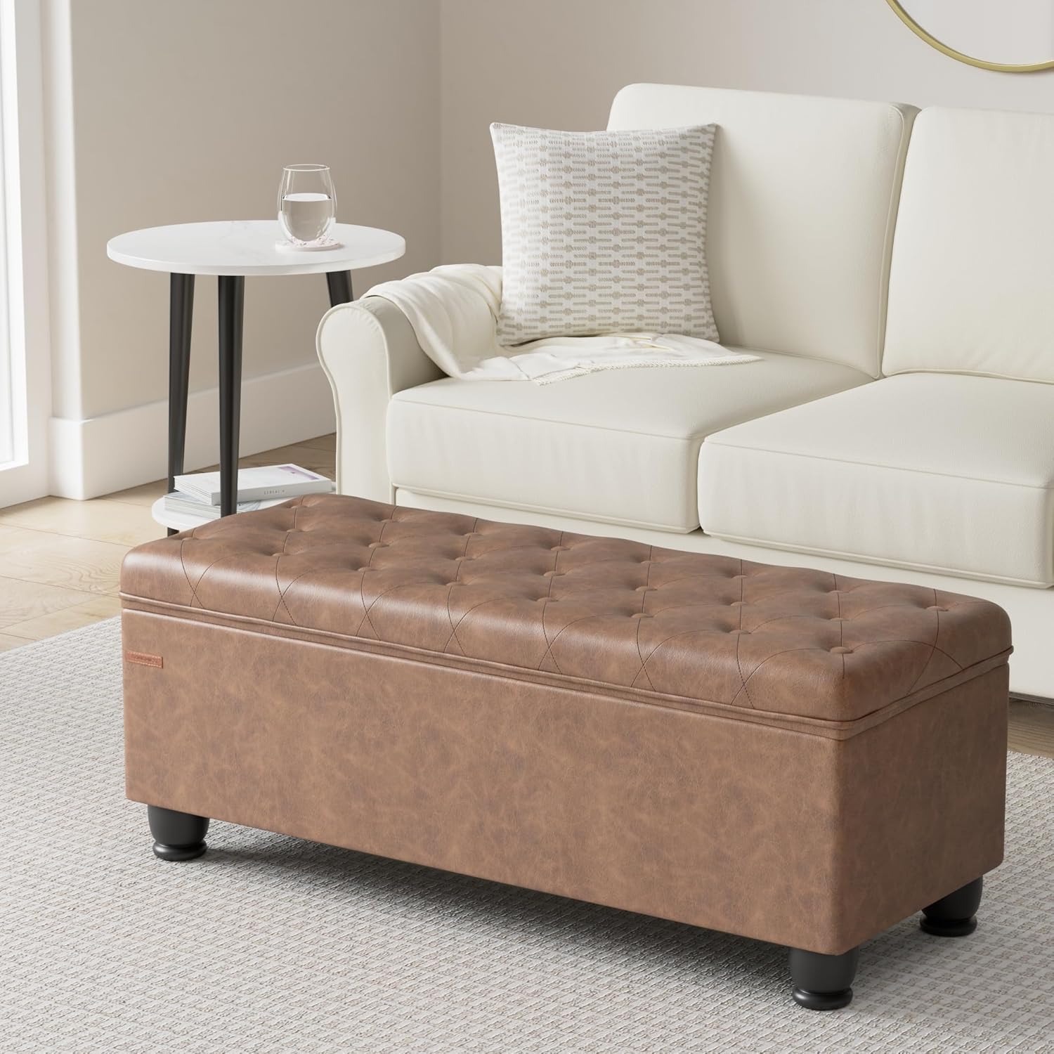 SONGMICS Storage Ottoman, 46.5 Inches Bedroom Bench, Solid Wood Legs