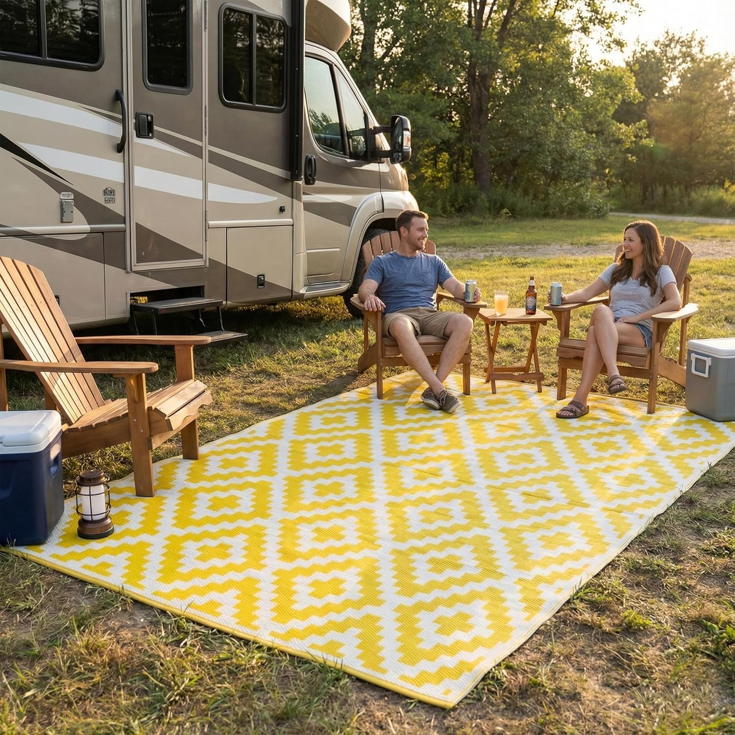 FH Home Outdoor Camping Rug - Waterproof, Fade Resistant, Reversible - Premium Recycled Plastic - Striped - Large Patio, Deck, Sunroom