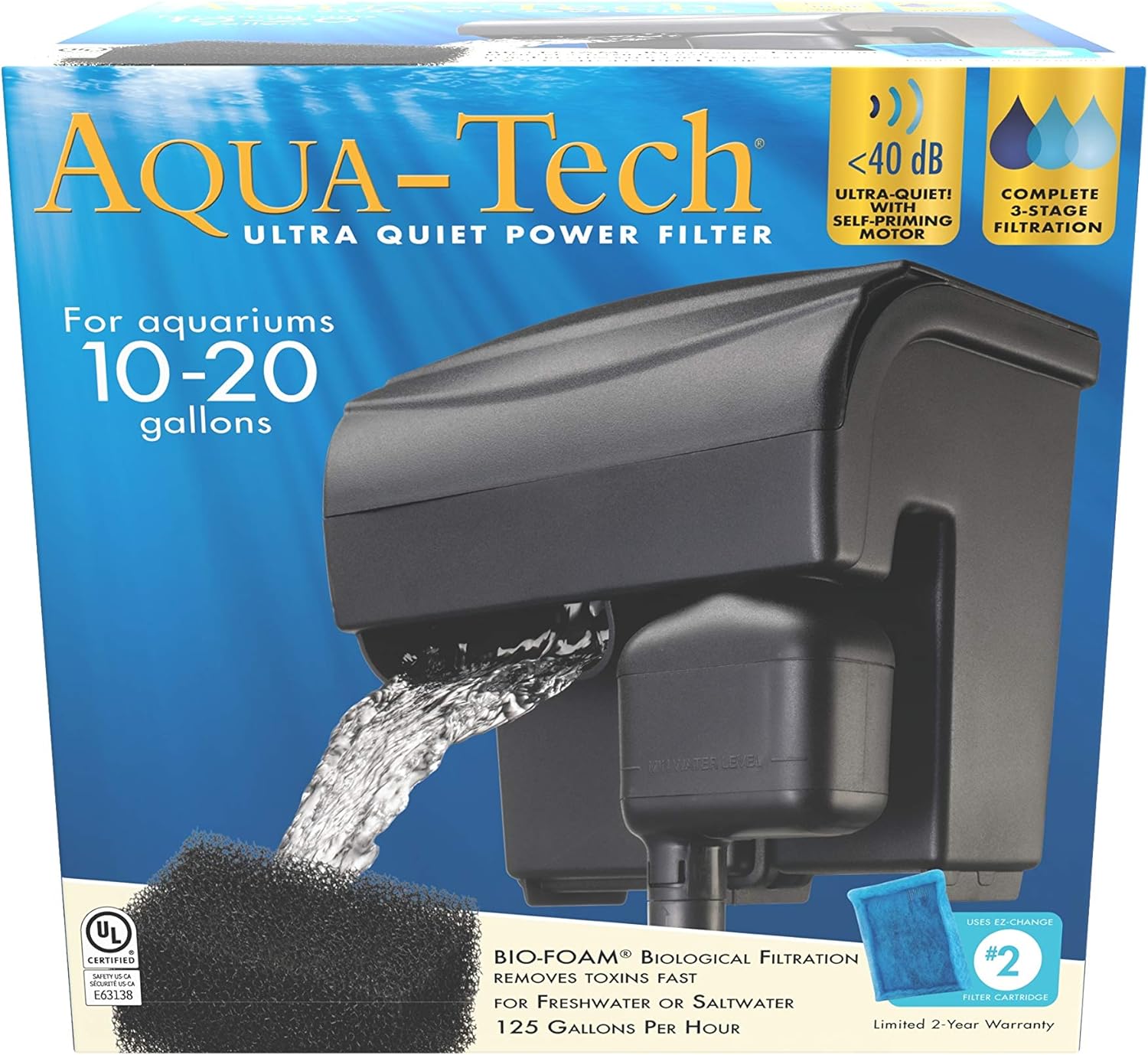 Aqua-Tech Ultra Quiet Power Filter, For Aquariums 20-40 Gallons