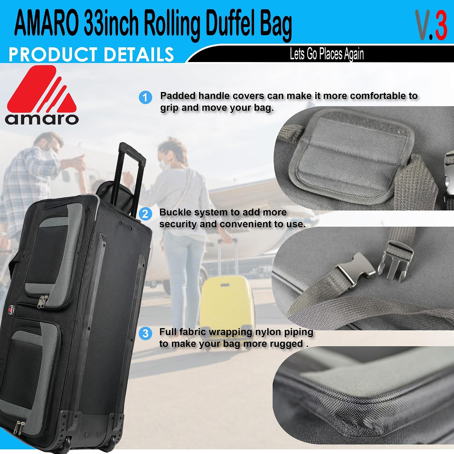 AMARO 36 Inch Rolling Duffle Bag with Wheels, Extra Large Heavy Duty Travel Duffel Luggage with Telescopic Handle, Multiple Pockets, Collapsible Storage, Black/Grey