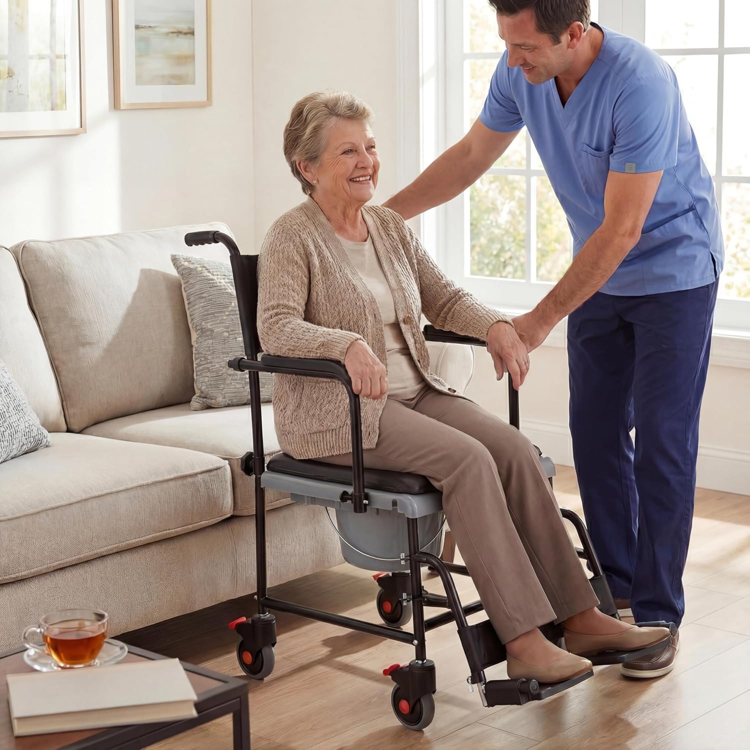 NOVA Medical Products Drop Arm (for Easy User Transfer) Transport Chair Commode, Rolling with Locking Wheels & Removable Padded Seat