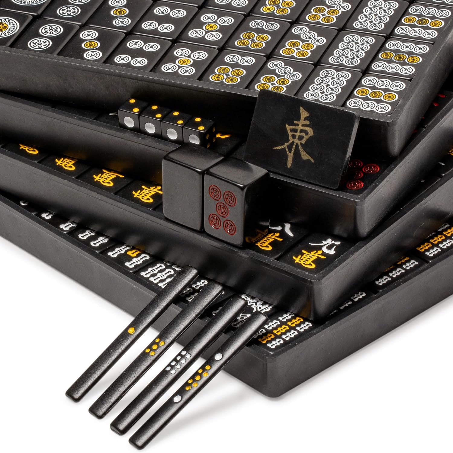 Yellow Mountain Imports Japanese Riichi Mahjong Set - White and Yellow Standard Size Tiles - with East Wind Tile and Black Vinyl Case